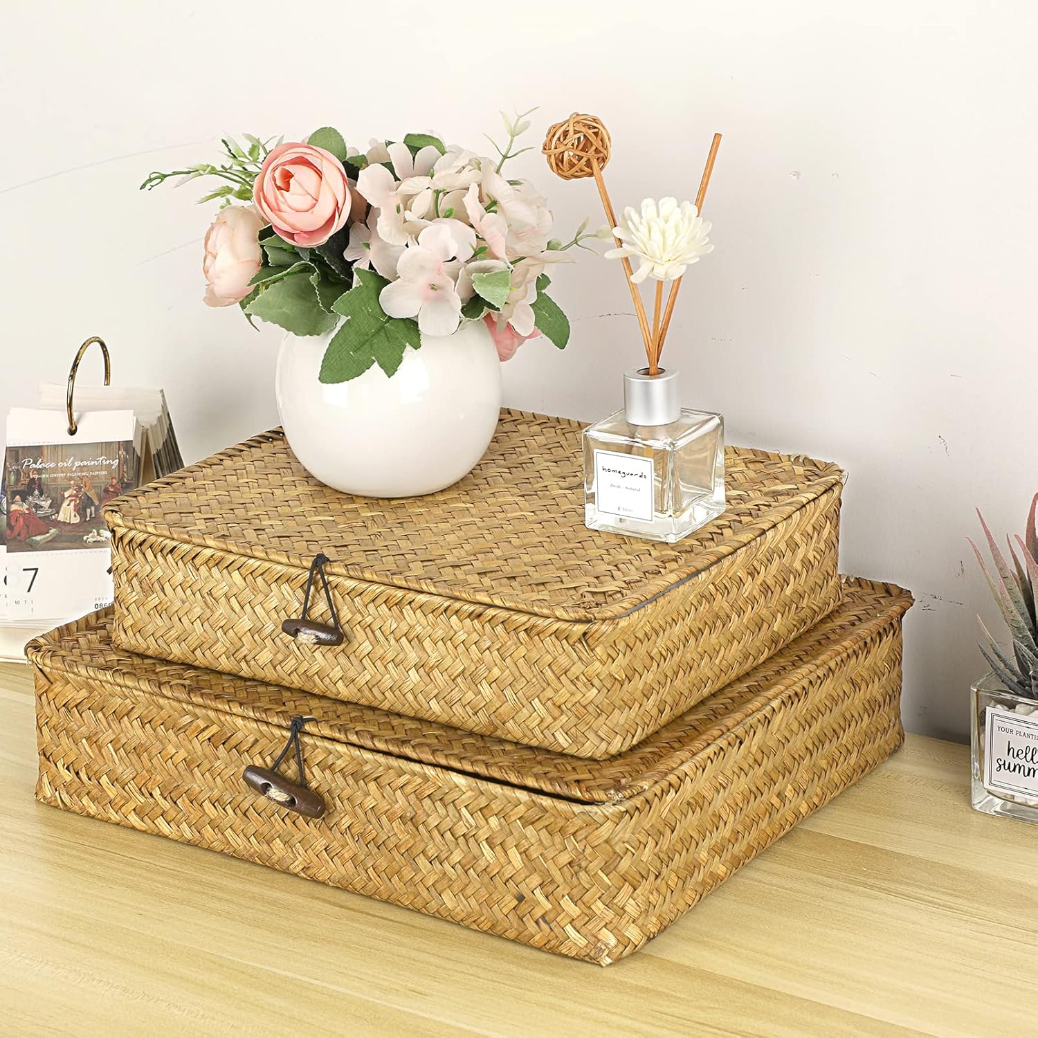 Flat Woven Wicker Storage Bins / Small+large / Caramel / Natural / Set of 2