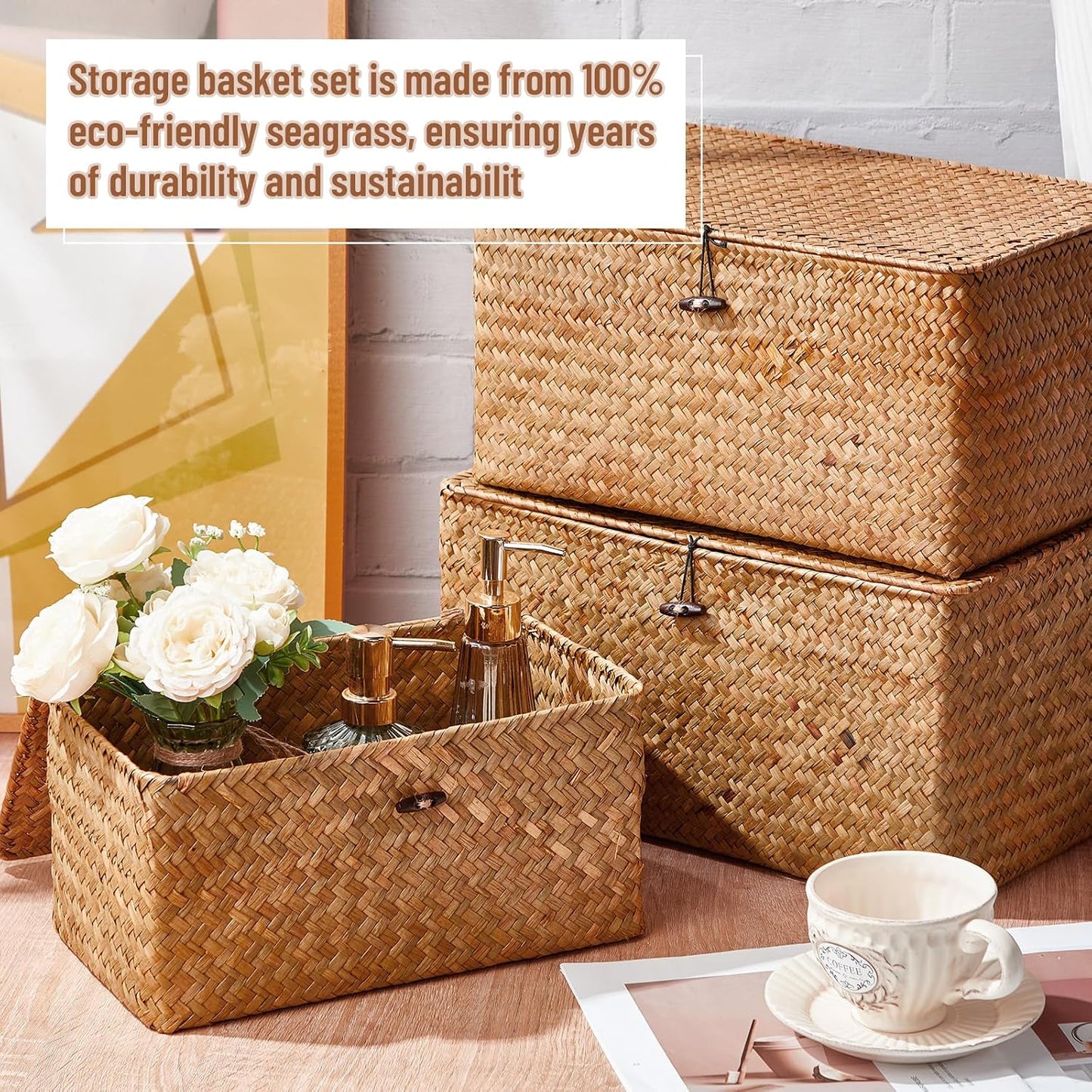 Seagrass Basket / Lids Bin Woven Organizer / Dark Brown / Classic Style / Set of 6