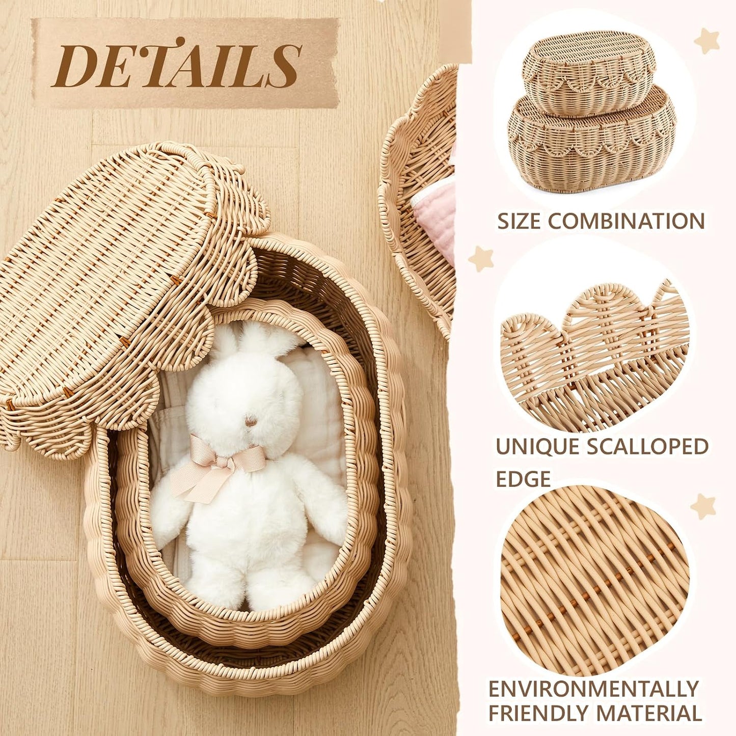 Scalloped Rattan Baskets / Natural / Small, Medium / Set of 2