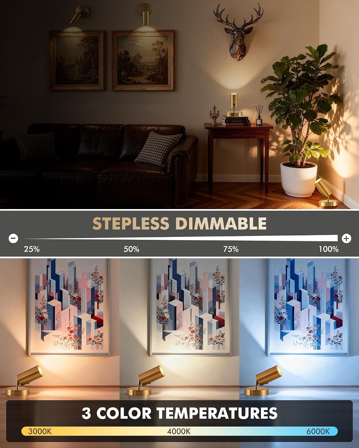 2 Pack Gold Wireless Led Spotlights Indoor with Remote, 8000mAh Cordless Battery Operated Plant Uplights, Rechargeable