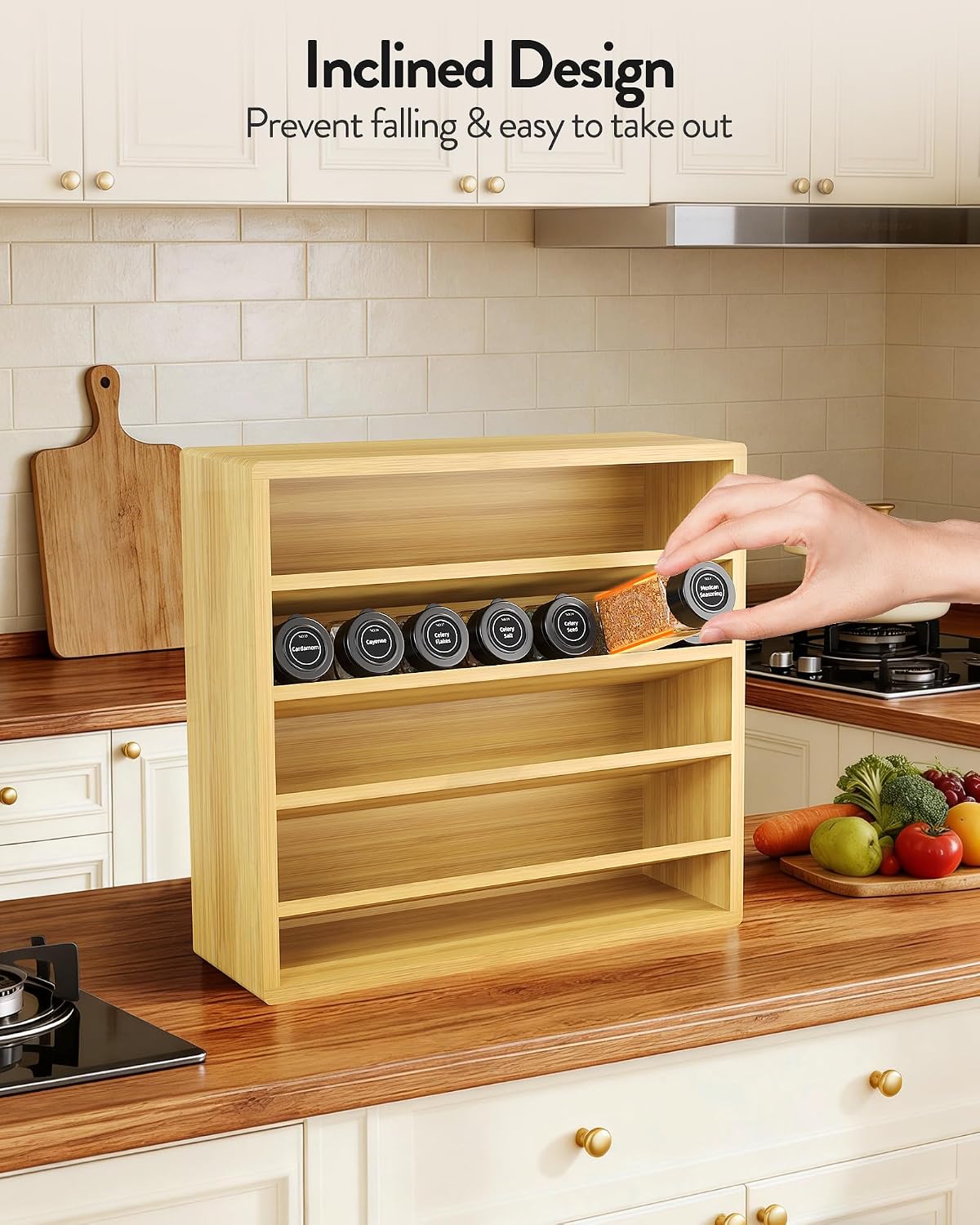 Orimade 4 Tier Spice Rack Organizer for Cabinet, Freestanding Bamboo Seasoning Rack for Countertop, Cupboard, Pantry