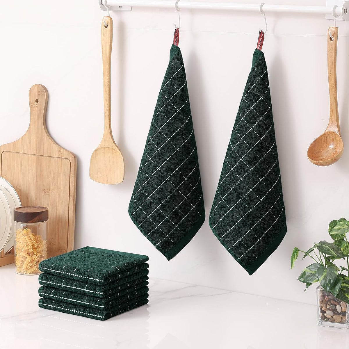 Homaxy 100% Cotton Terry Kitchen Dish Cloths, 12 Pack, Blackish Green | Ultra Soft and Absorbent Dish Towels for