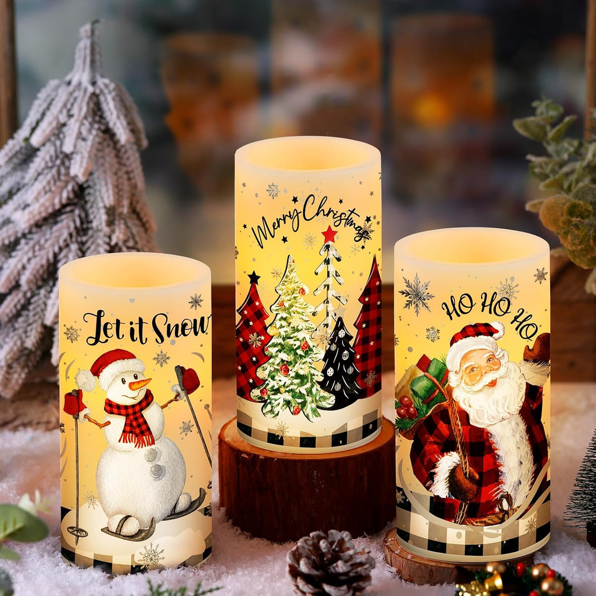 Retisee 3 Pcs Christmas Flameless Candles with Remote Timer Real Wax LED Flickering Pillar Candle White Cold Light Battery Operated for Home Window Xmas Gift Winter Holiday Decor(Buffalo Plaid)