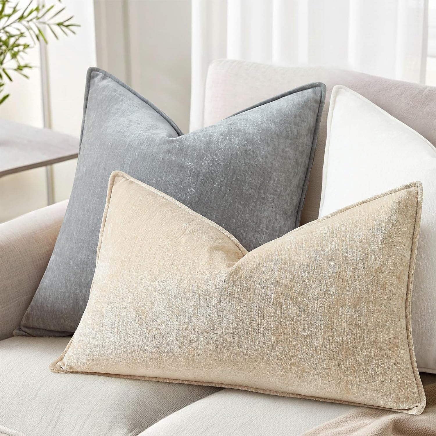 Decorative Soft Velvet Modern Chenille Lumbar Pillow / Natural Beige / 20 x 12 / Set of 2