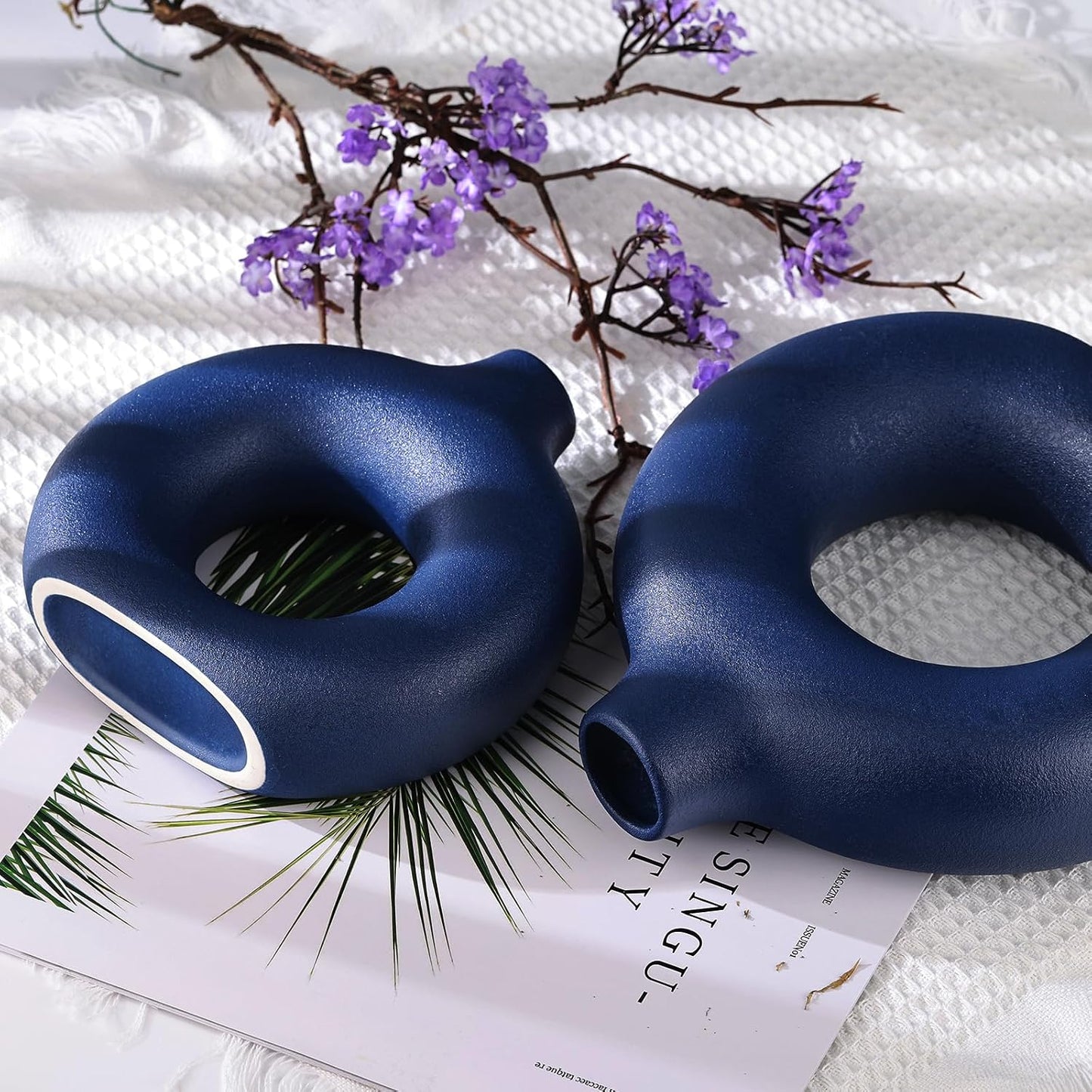 Modern Matte Ceramic Vases for Entryway Living Room / Navy Blue / Set of 2