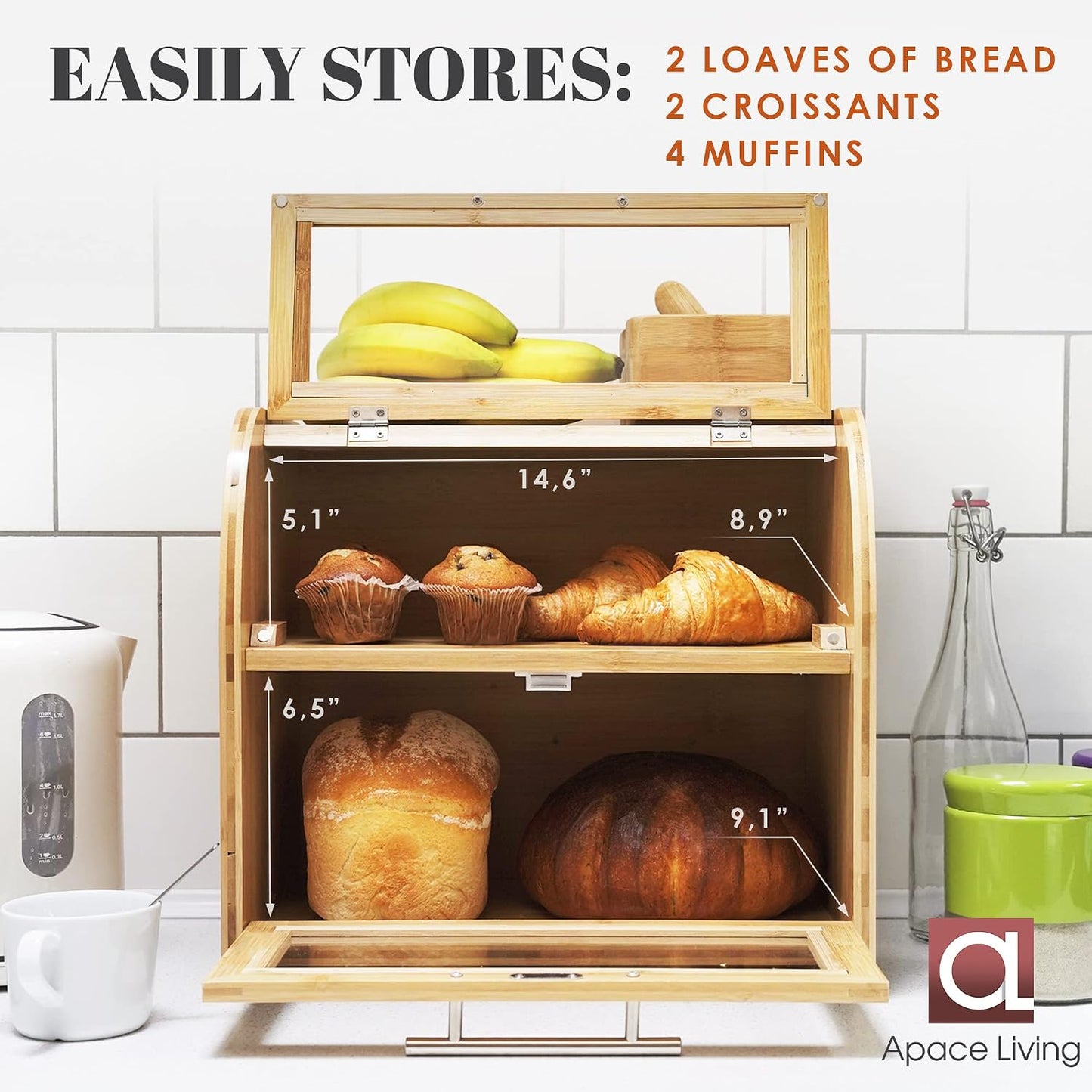 Arise Bamboo Wooden Bread Box for Kitchen Countertop, Extra Large 2-Shelf | Bread Storage Container with Clear Windows