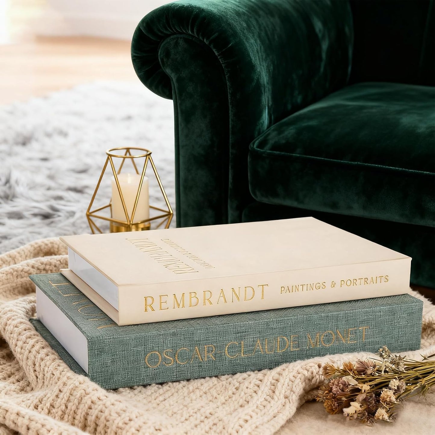 Linen Book Boxes Decor Coffee Table Bookshelf or Mantle / Green-beige / Set of 2