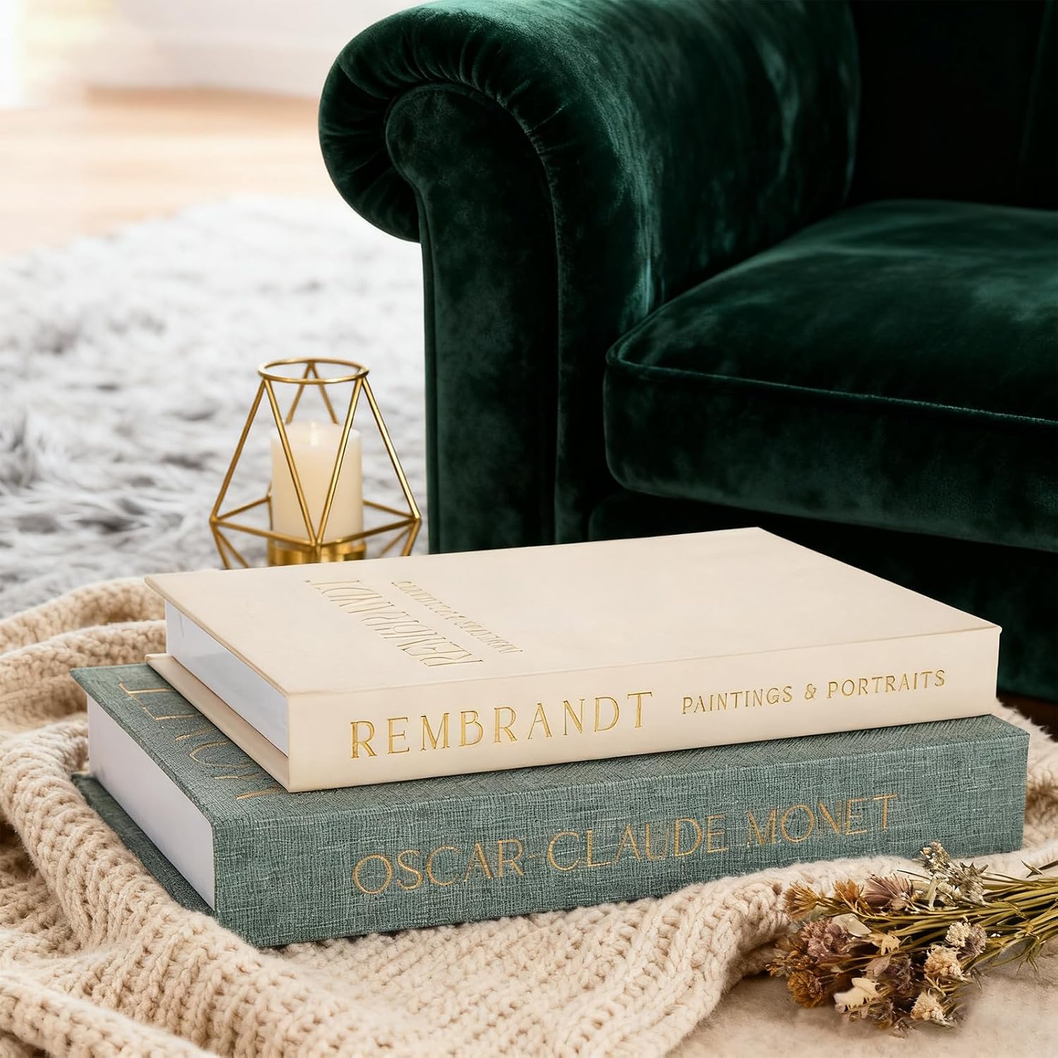 Linen Book Boxes Decor Coffee Table Bookshelf or Mantle / Green-beige / Set of 2