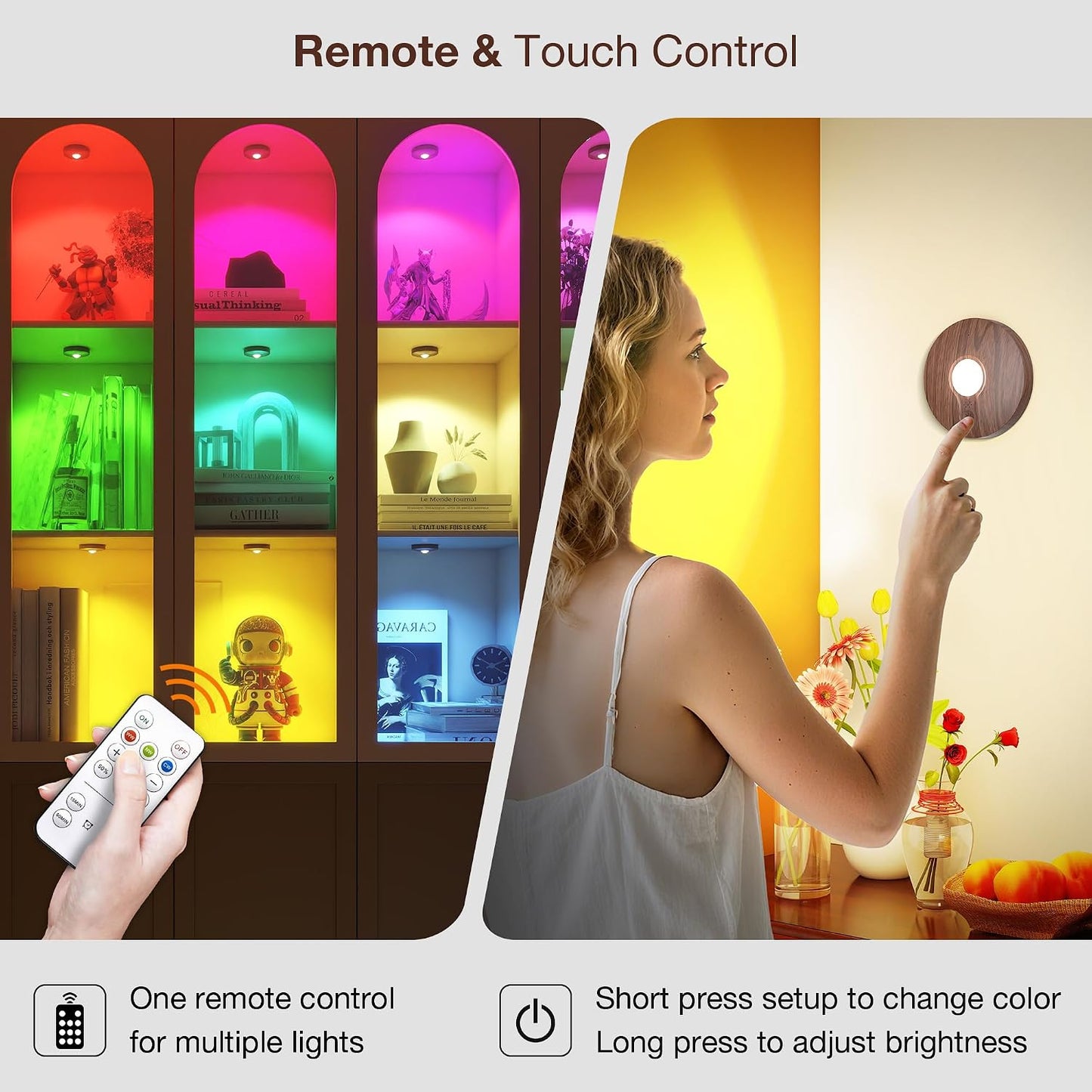 UNUSROOM Rechargeable RGB Puck Lights with Remote Control, Wireless Under Cabinet Lighting,13 Color Changing Lights