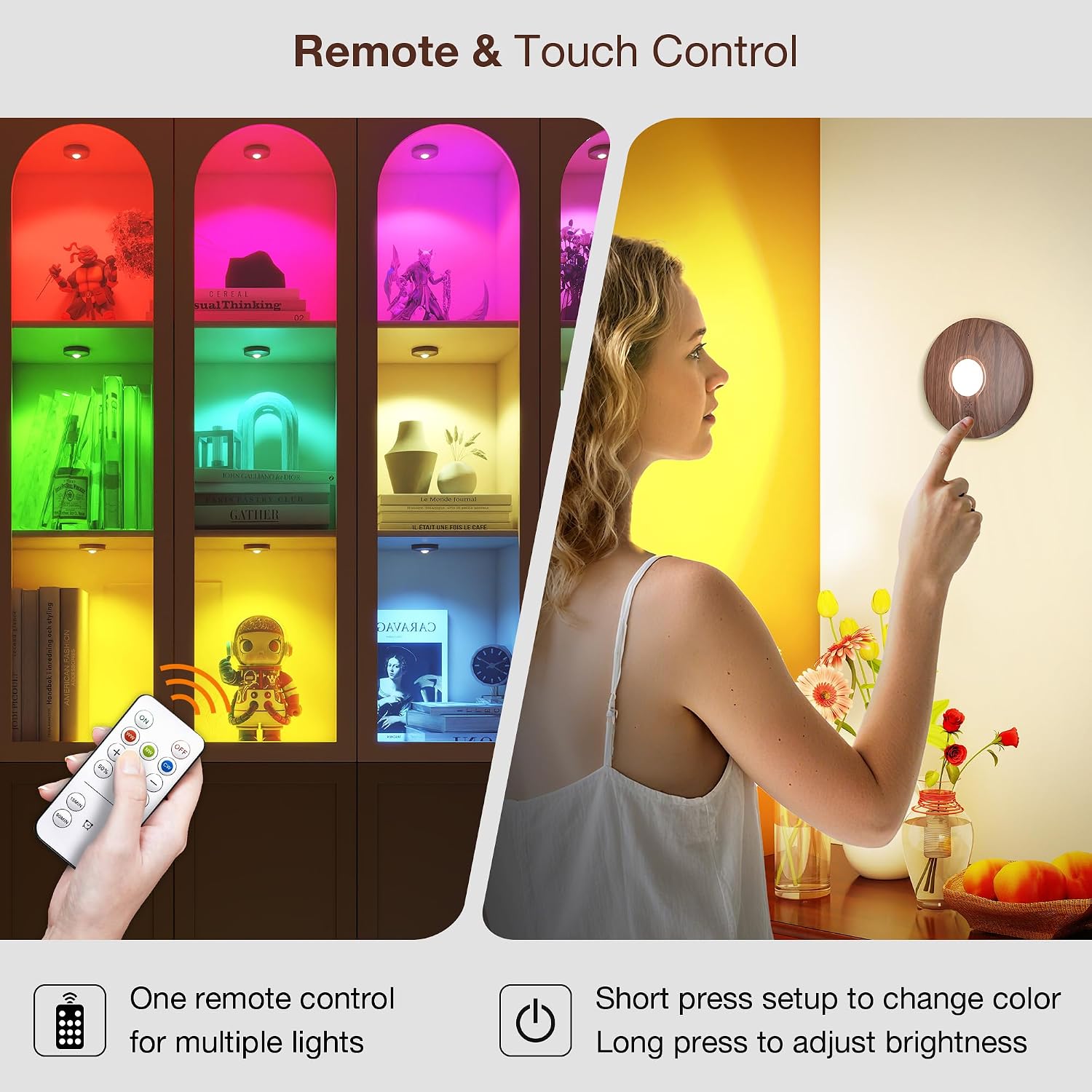UNUSROOM Rechargeable RGB Puck Lights with Remote Control, Wireless Under Cabinet Lighting,13 Color Changing Lights