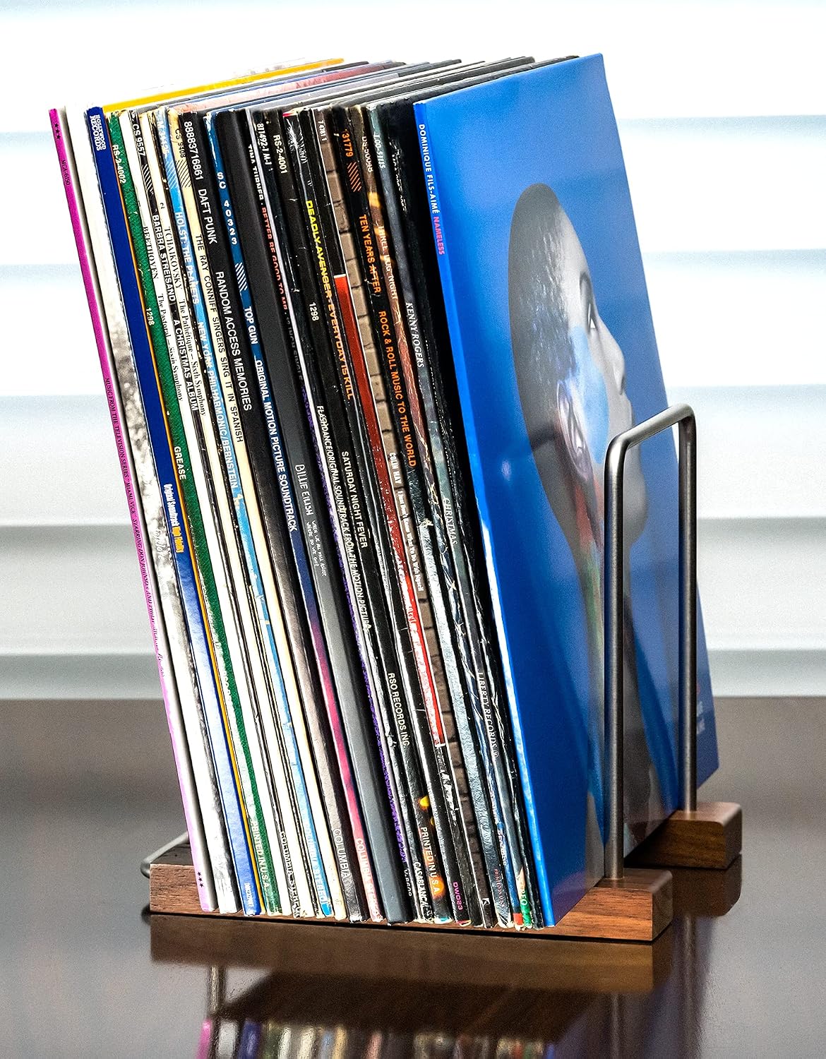 35 LP Vinyl Record Storage Holder, Solid Walnut, Adjustable | Solid Walnut and Steel, Holds 25-35 LPs, Adjustable