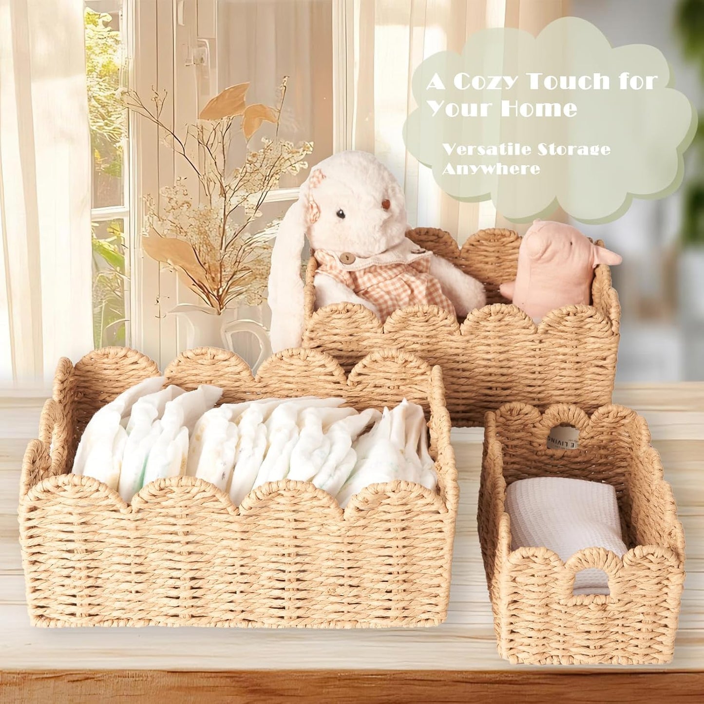 Scalloped Wicker Baskets / Tan / Set of 3