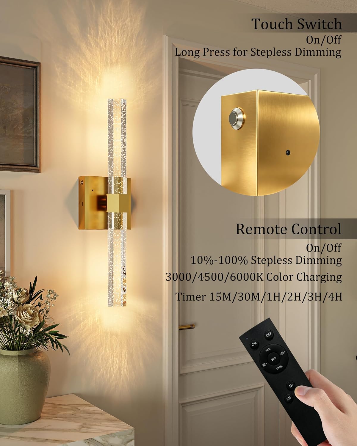 Battery Operated Wall Sconces Set of Two with Remote, Gold, 18.4 Inch | Easy Install LED Dimmable 3CCT Cordless