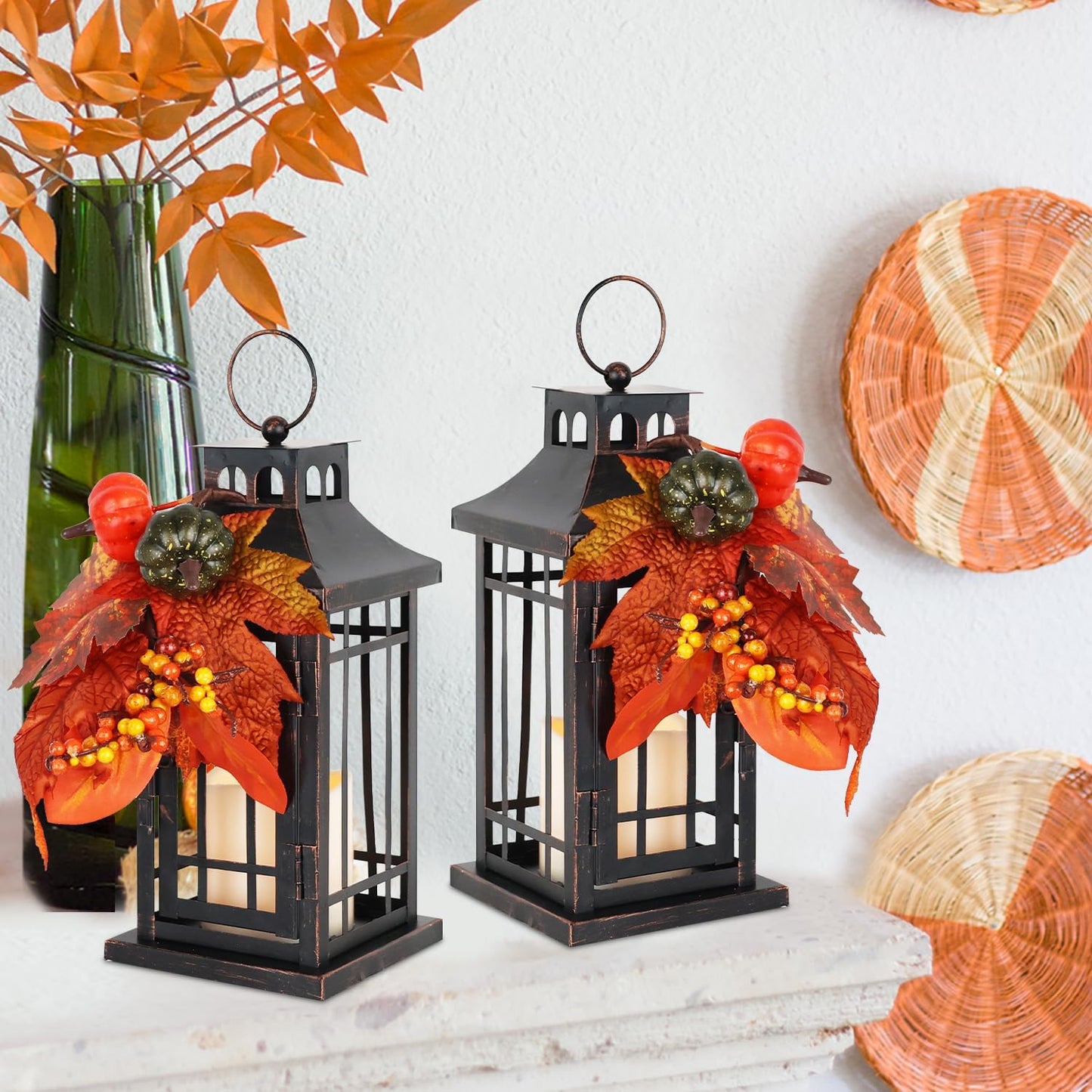 Set of 2 Fall LED Candle Lantern Decorative Indoor & Outdoor, 11" Fall Hanging Lanterns with LED Candles, Metal Outdoor