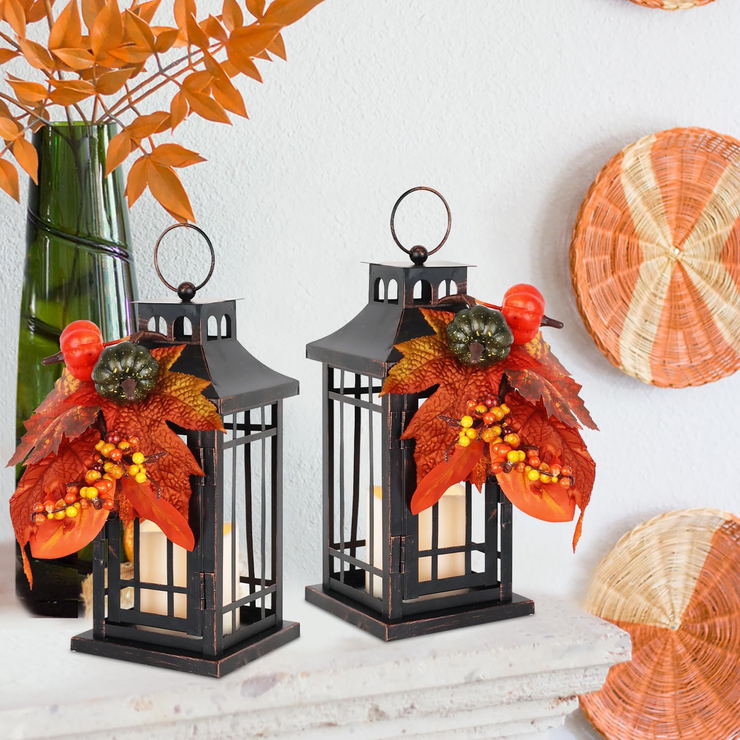 Set of 2 Fall LED Candle Lantern Decorative Indoor & Outdoor, 11" Fall Hanging Lanterns with LED Candles, Metal Outdoor