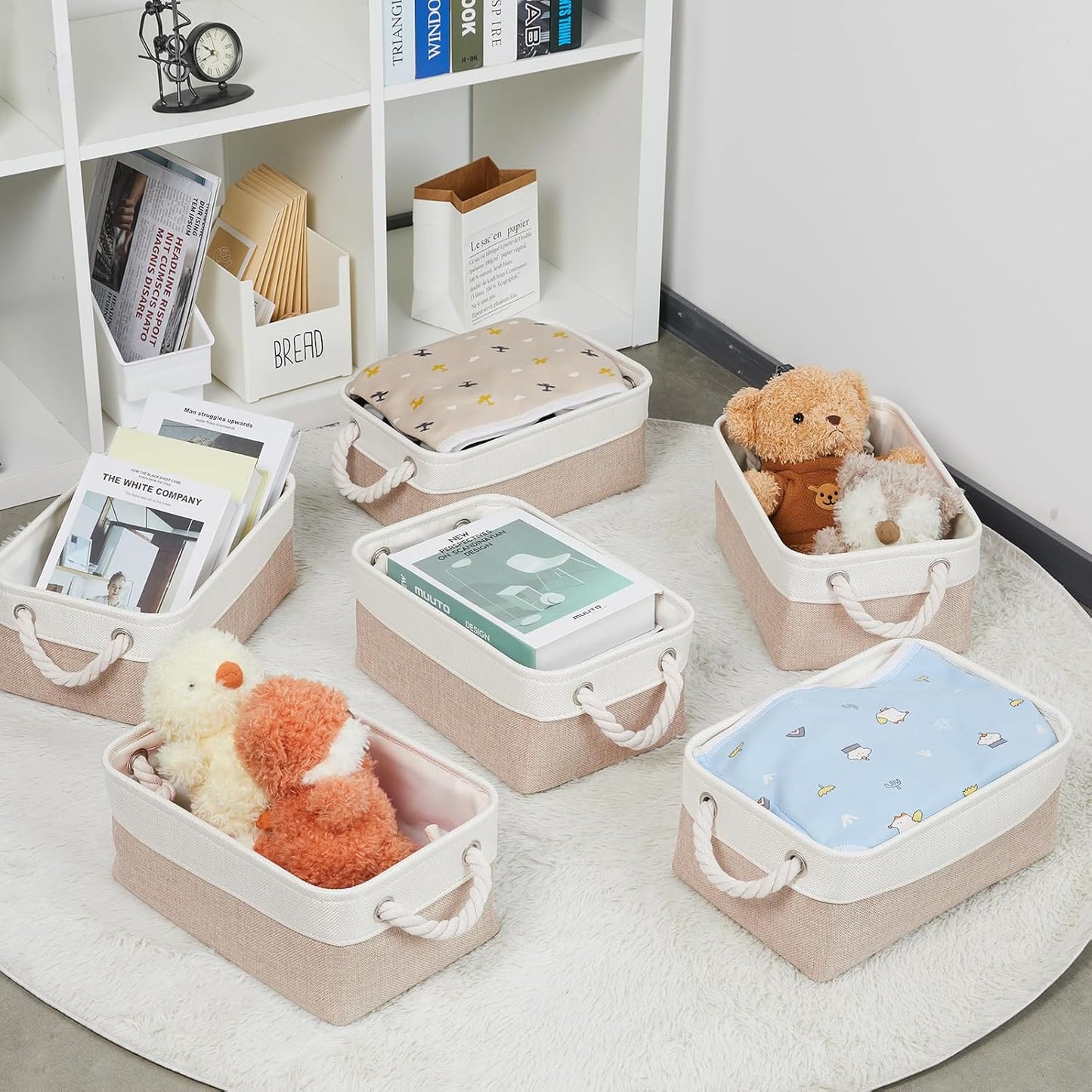 Small Baskets Fabric Storage Beige Storage Bins Empty Gift / White&beige / 11.8 x 7.8 x 5 / Set of 6