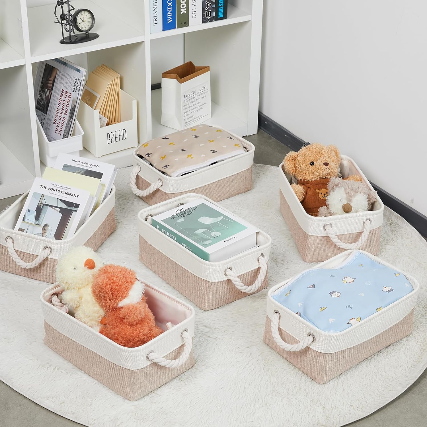 Small Baskets Fabric Storage Beige Storage Bins Empty Gift / White&beige / 11.8 x 7.8 x 5 / Set of 6