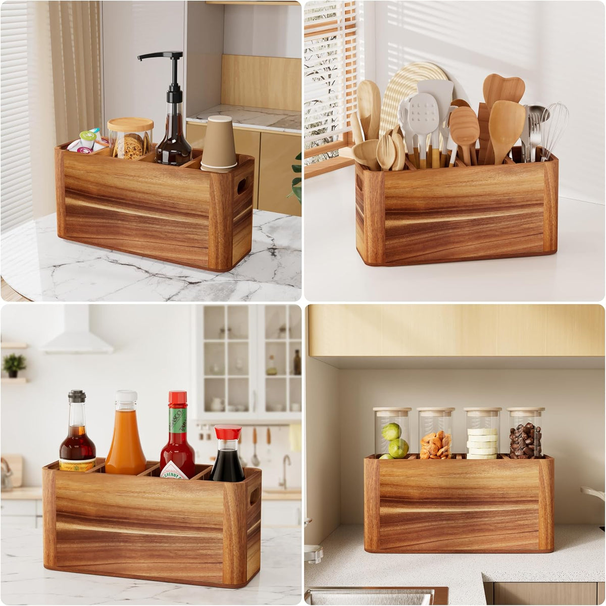 Utensil Holder for Kitchen Counter, Extra Large Utensil Holder for Countertop with 4 Compartments Wooden Cooking