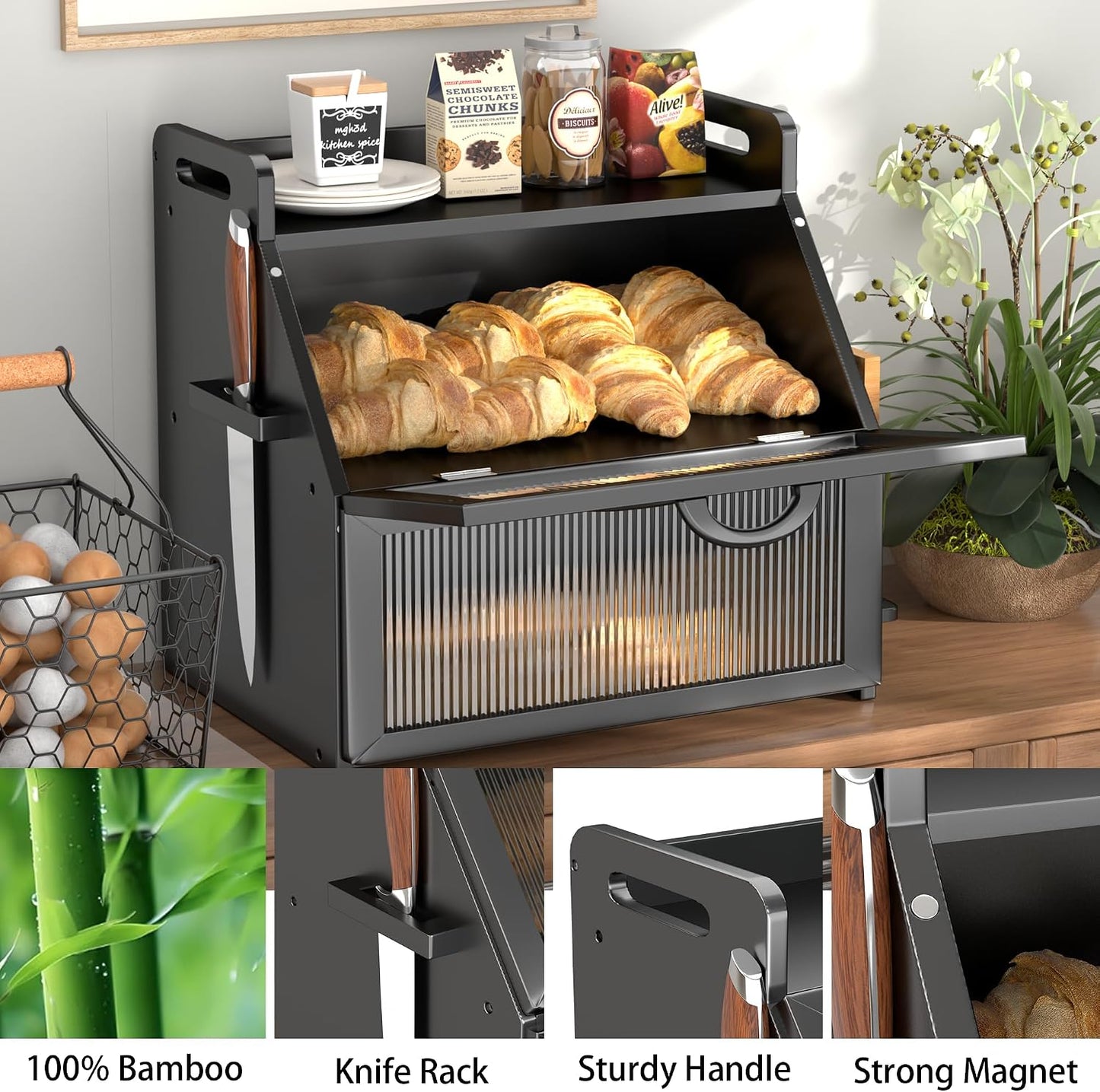 Bread Box for Kitchen Countertop, Large Bread Storage Container for Homemade Bread, Wooden Farmhouse Breadbox
