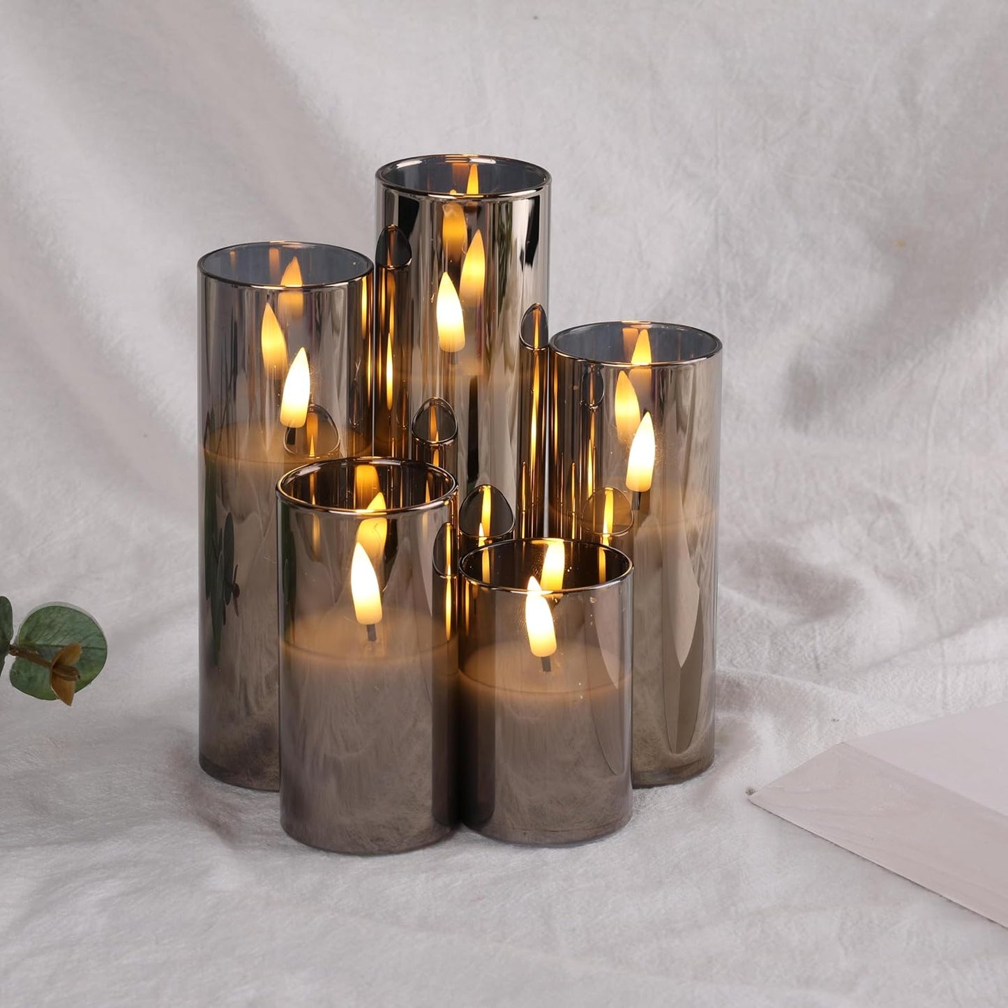 Grey Glass Flameless Pillar Candles with Remote Batteries Set of 5 | Flickering Tall LED Candles, Batteries Included