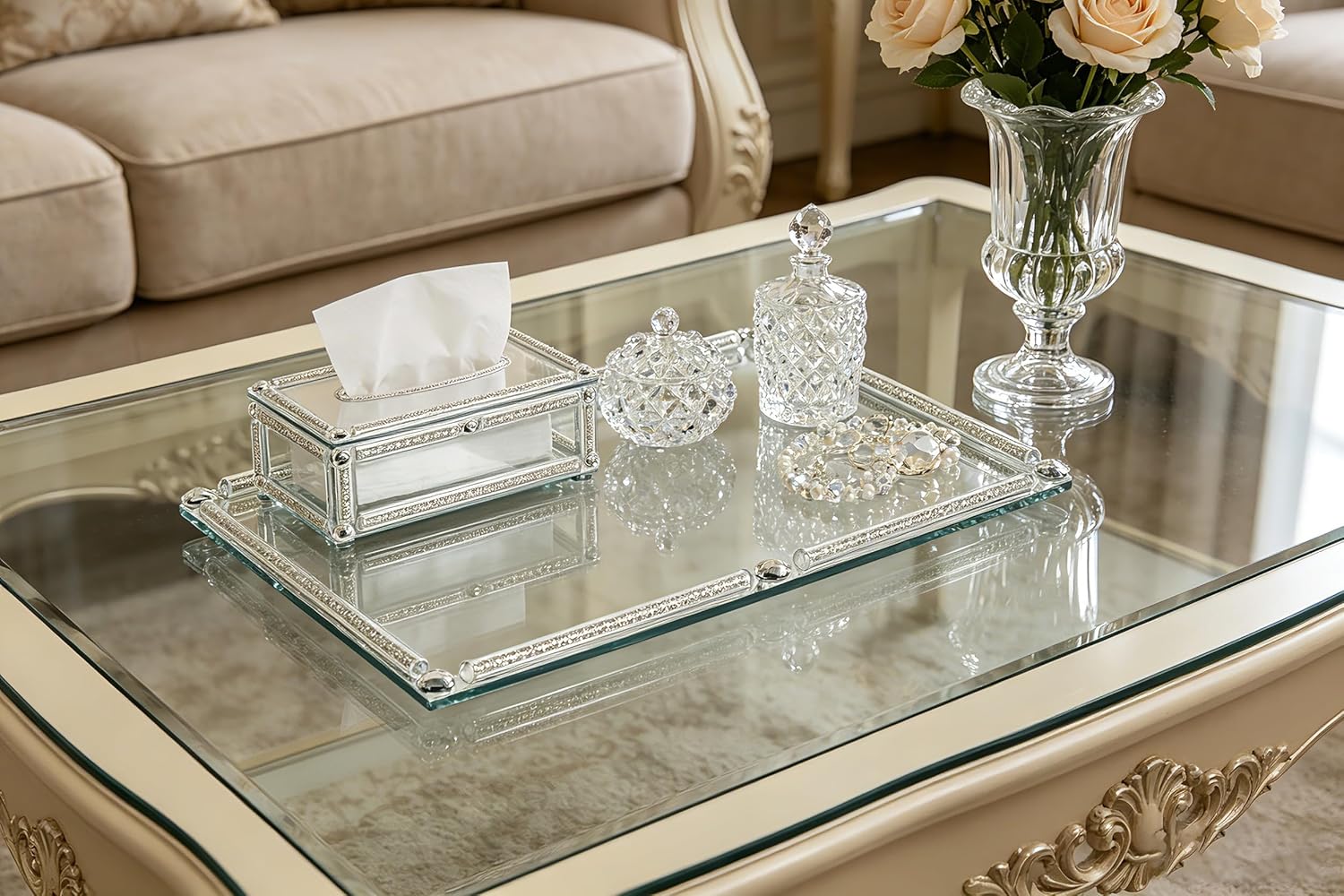 Crushed Diamond Filled Glass Vanity Tray / Silver / 15.7 x 11.8 x 1.4
