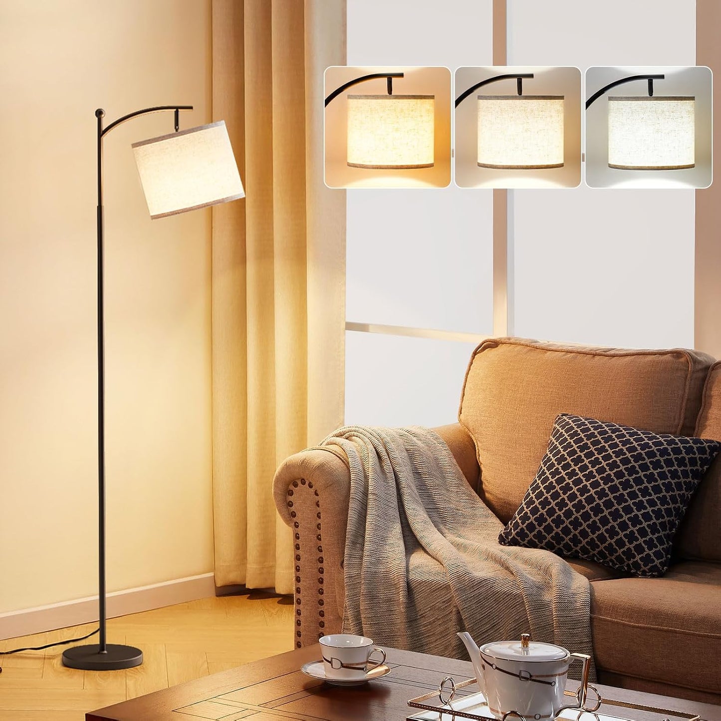Ambimall 60" Modern Floor Lamp with Beige Shade, 9W LED Bulb