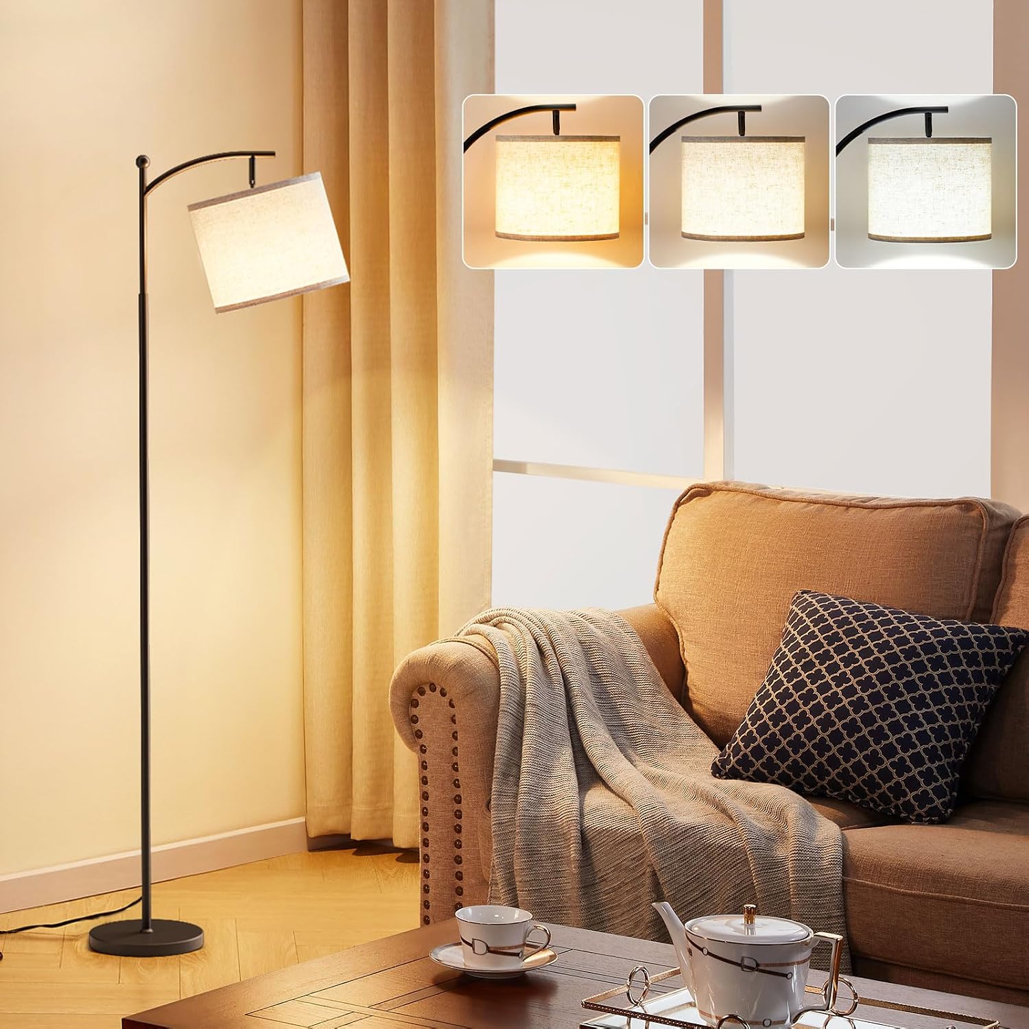 Ambimall 60" Modern Floor Lamp with Beige Shade, 9W LED Bulb
