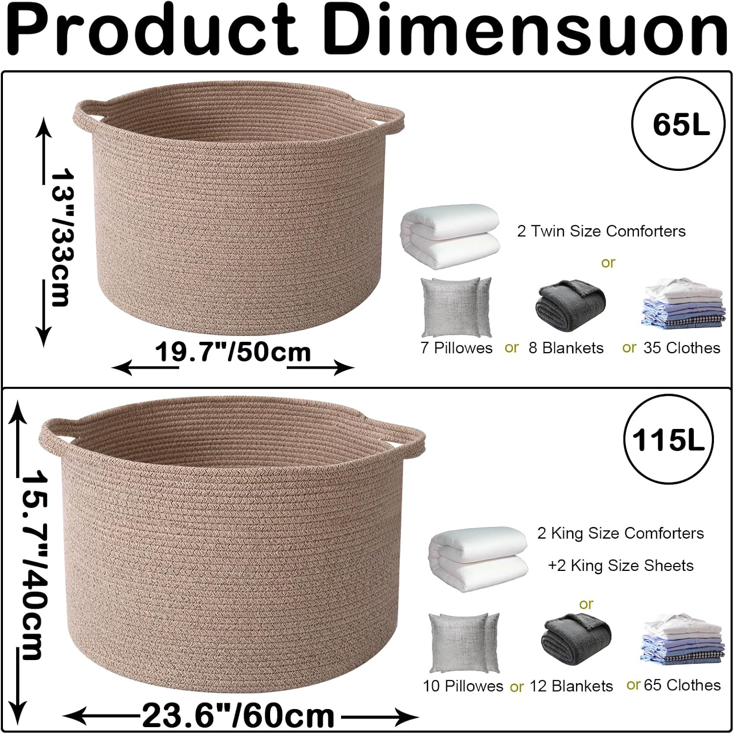 Woven Rope Laundry Basket Hamper / Brown / 19.7"L x 19.7"W x 13"H