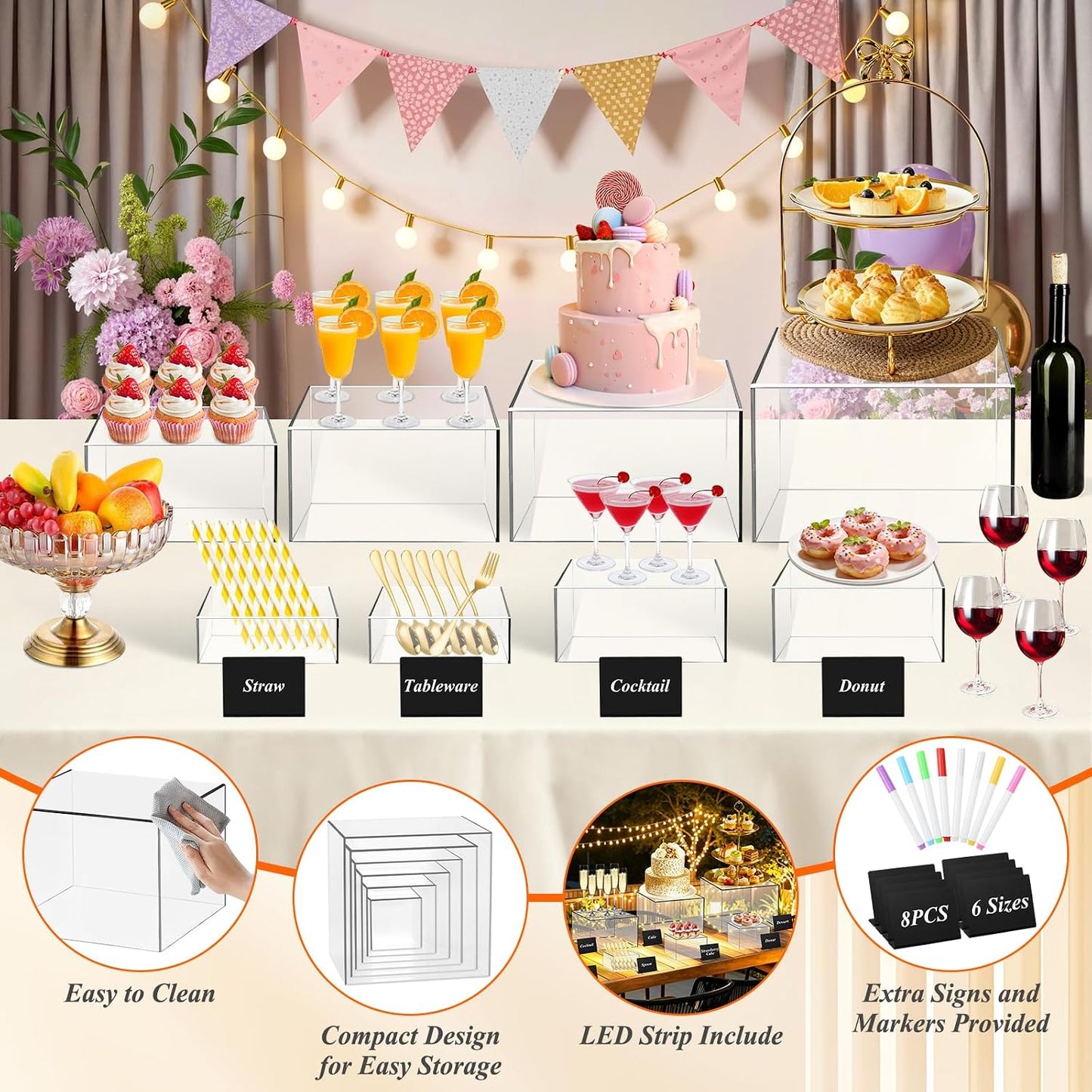 8 Pcs Clear Acrylic Buffet Risers with LED Fairy Lights, Acrylic Food Risers with Mini Sign and Maker, Clear Buffet