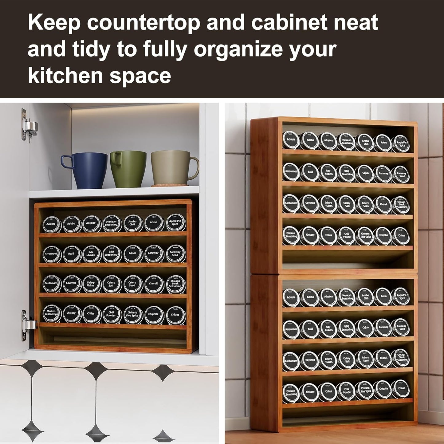 Orimade 4 Tier Spice Rack Organizer for Cabinet, Freestanding Bamboo Seasoning Rack for Countertop, Cupboard, Pantry