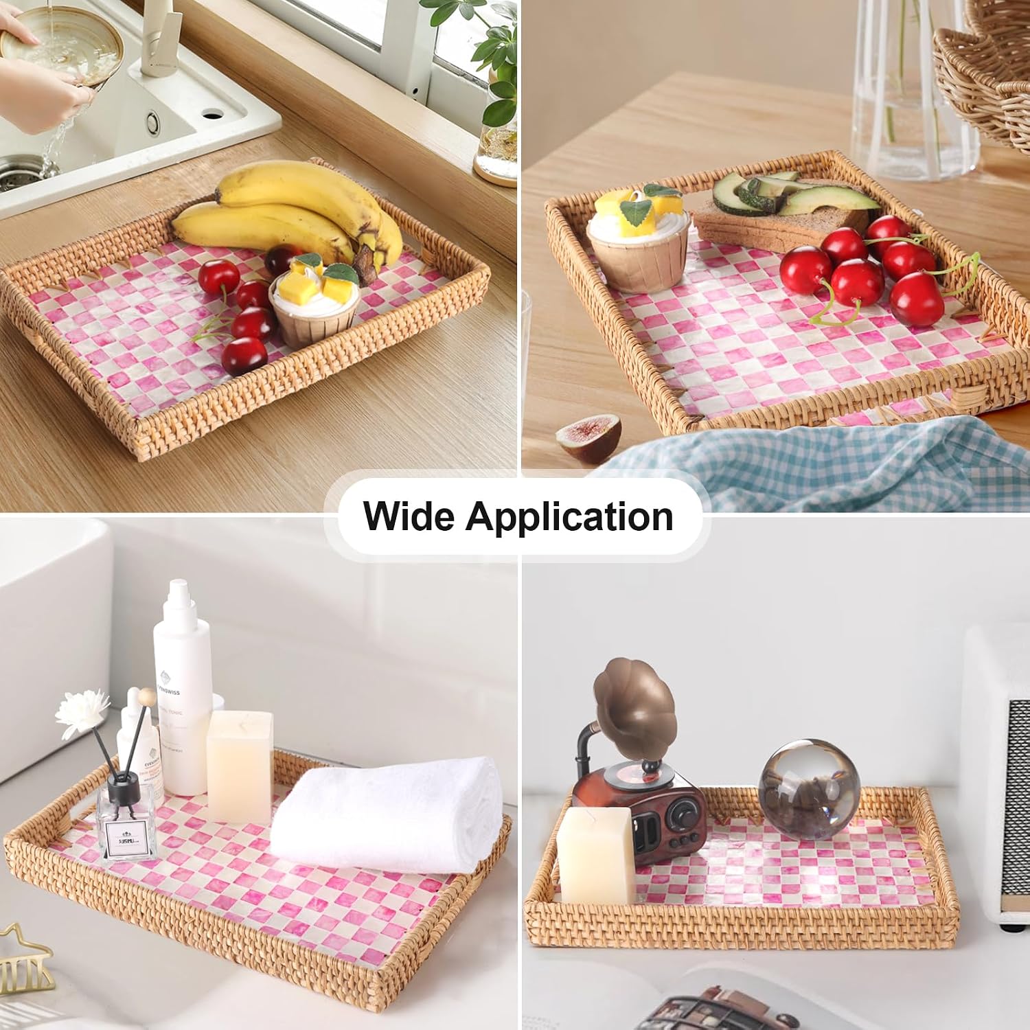 Rattan Serving Tray / Pink Checkerboard