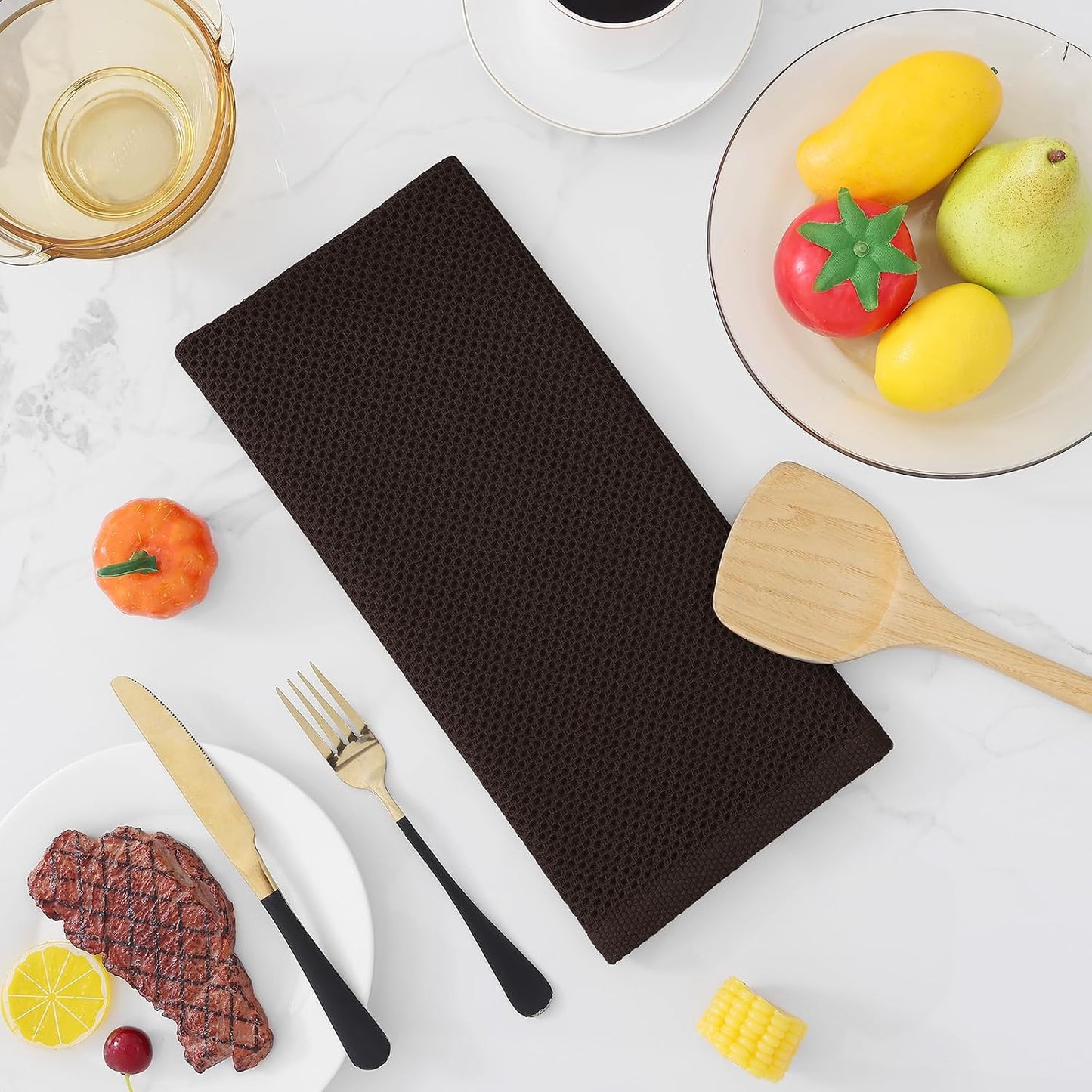 Homaxy 100% Cotton Waffle Weave Kitchen Dish Towels 12-Pack, Dark Brown | 13 x 28 Inches, Ultra Soft Absorbent Dish