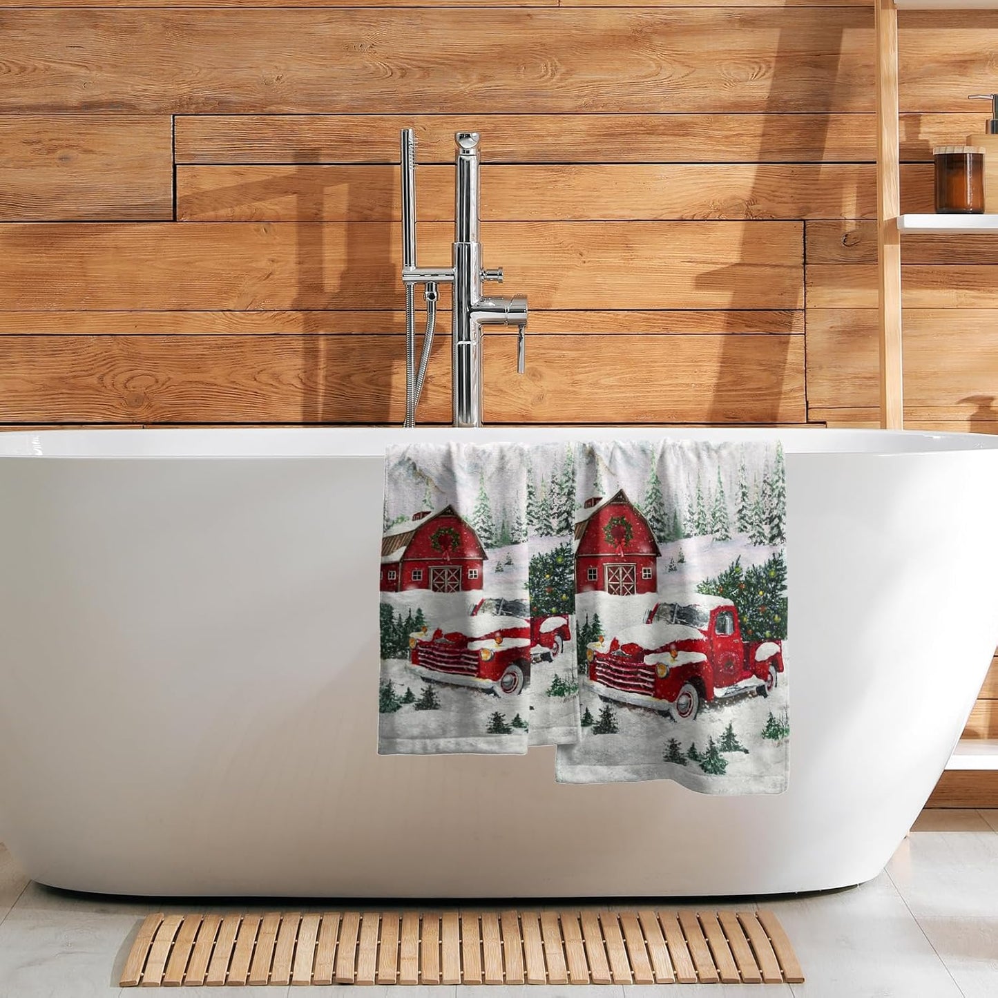 Giwawa Merry Christmas Hand Towels Set of 2 Red Truck Face Guest Towel Xmas Holiday Decorative Soft Fingertip Towel for