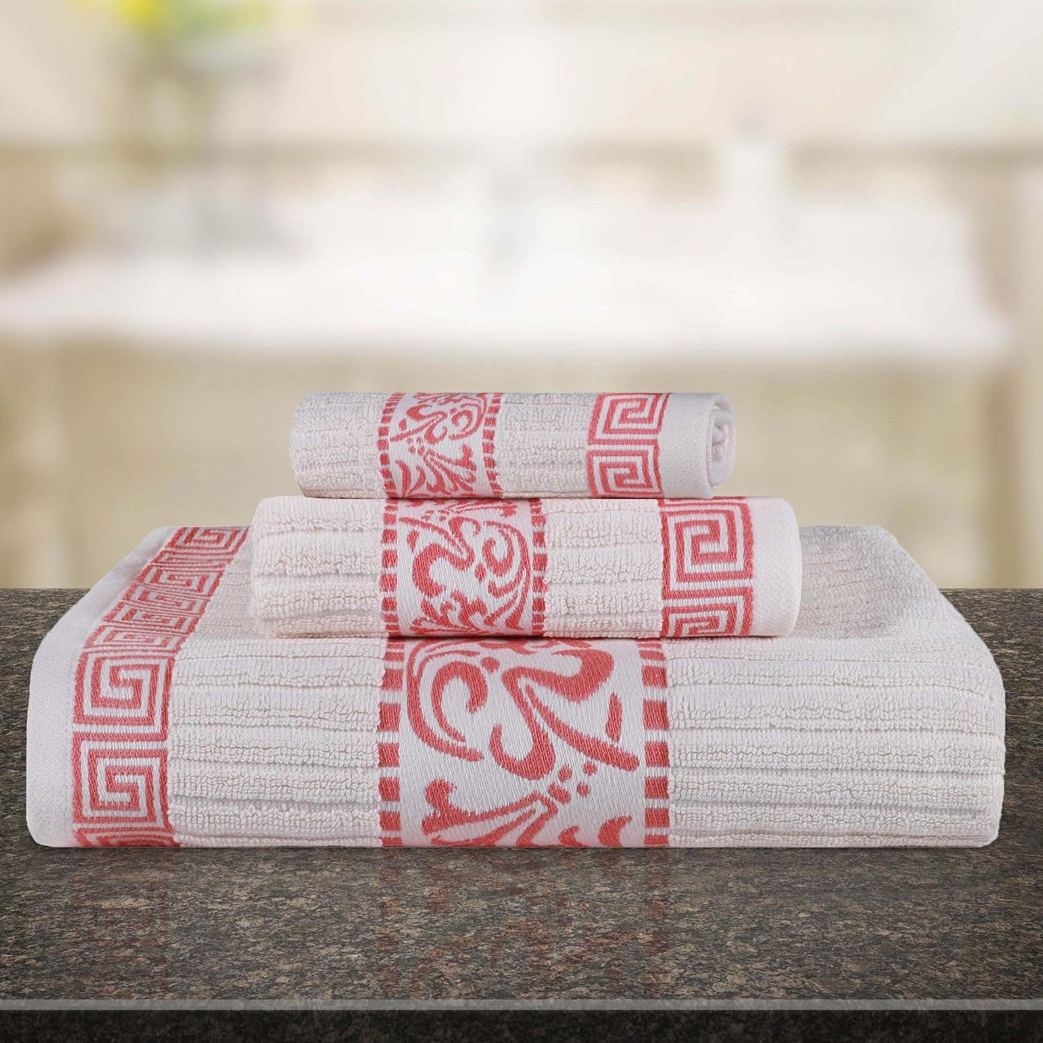 Superior 3-Piece Cotton Towel Set, Decorative Greek Pattern, Home Essentials, Absorbent Towels, Bathroom Decor, Spa