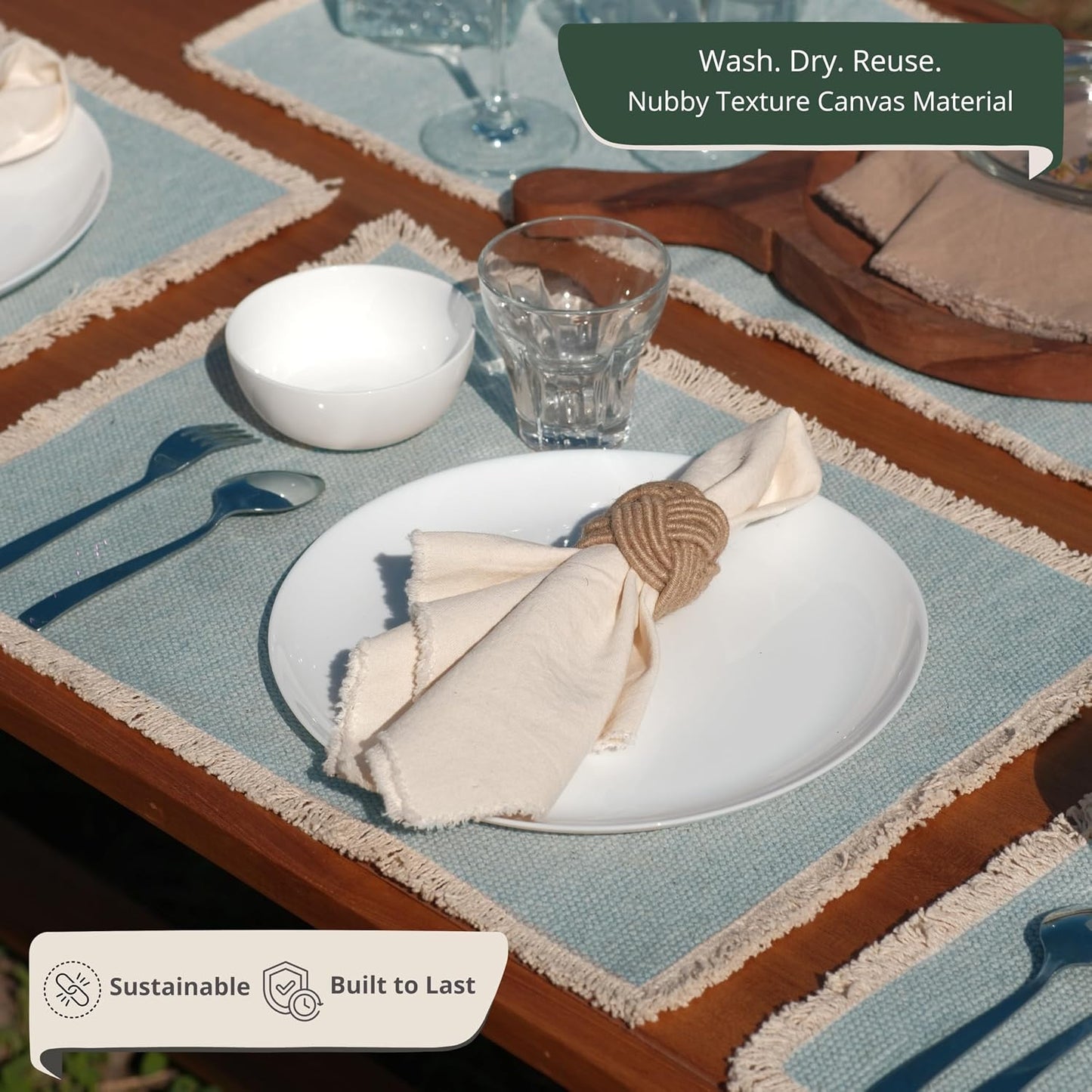 Hausattire Cotton Frayed Placemats Set of 6 Dining Table 14x14 Inch | Rustic Vintage Boho Washable Easter Placemat for