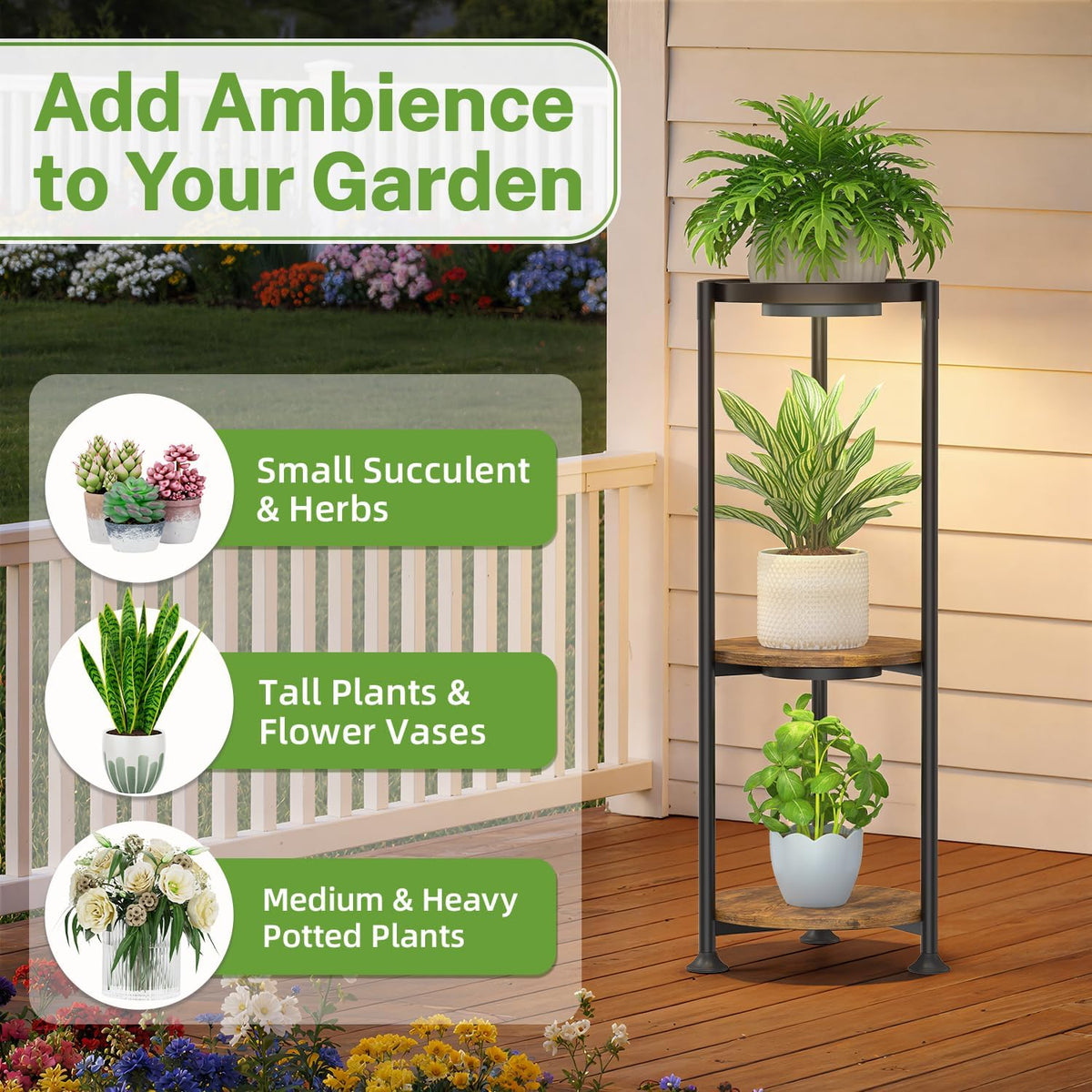 iDavosic.ly 3 Tier Corner Metal Plant Stand Indoor with Grow Light, Black | Vertical Outdoor Flower Display Holder for