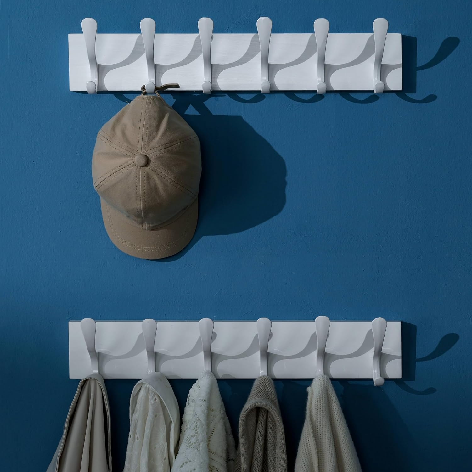 SKOLOO Wall Mount Coat Rack - White Wooden Wall Coat Hooks, Pack of 2, 6 Hooks for Coats, Hats, Clothing, Scarves