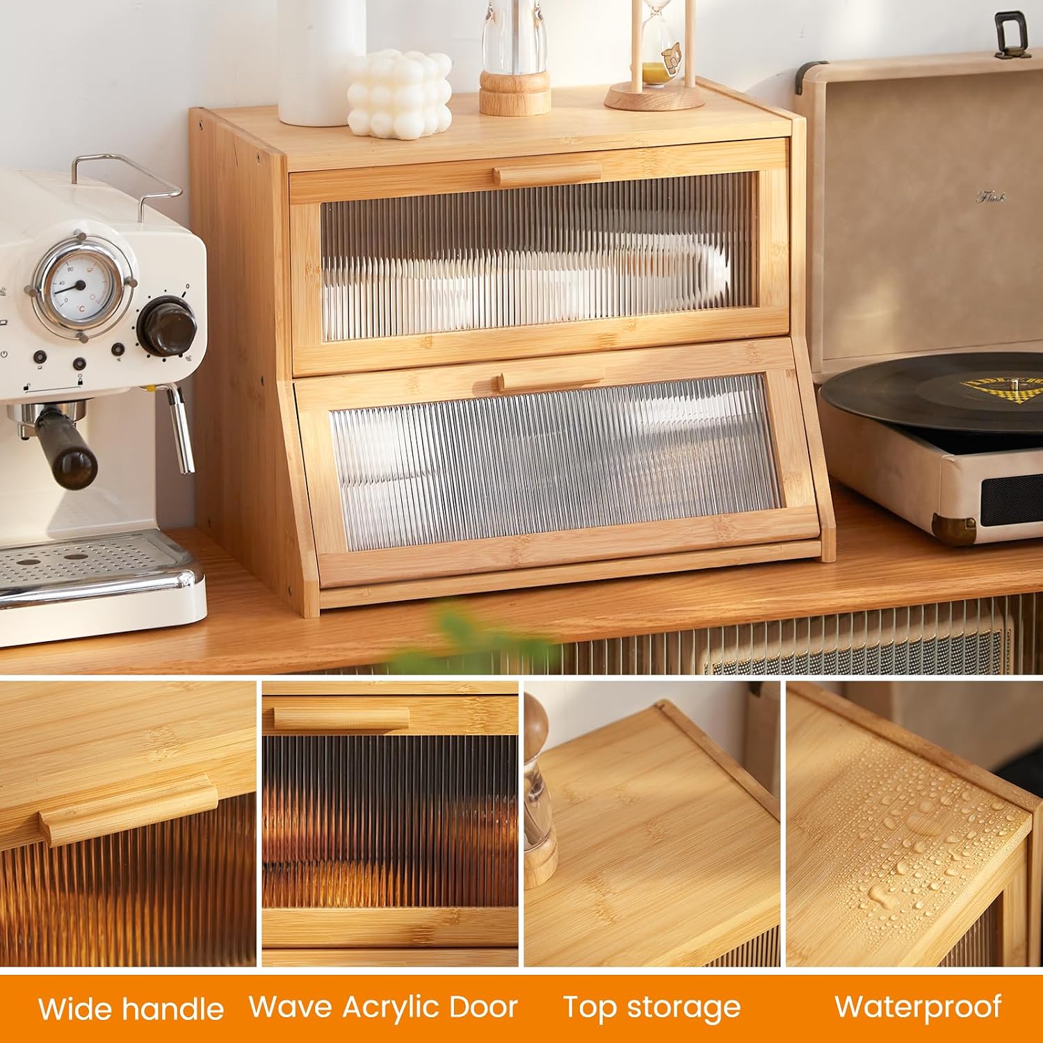 GHWIE Double Layer Bamboo Bread Box for Kitchen Counter,Large Capacity Bread Storage Bin,Bread Container with Acrylic