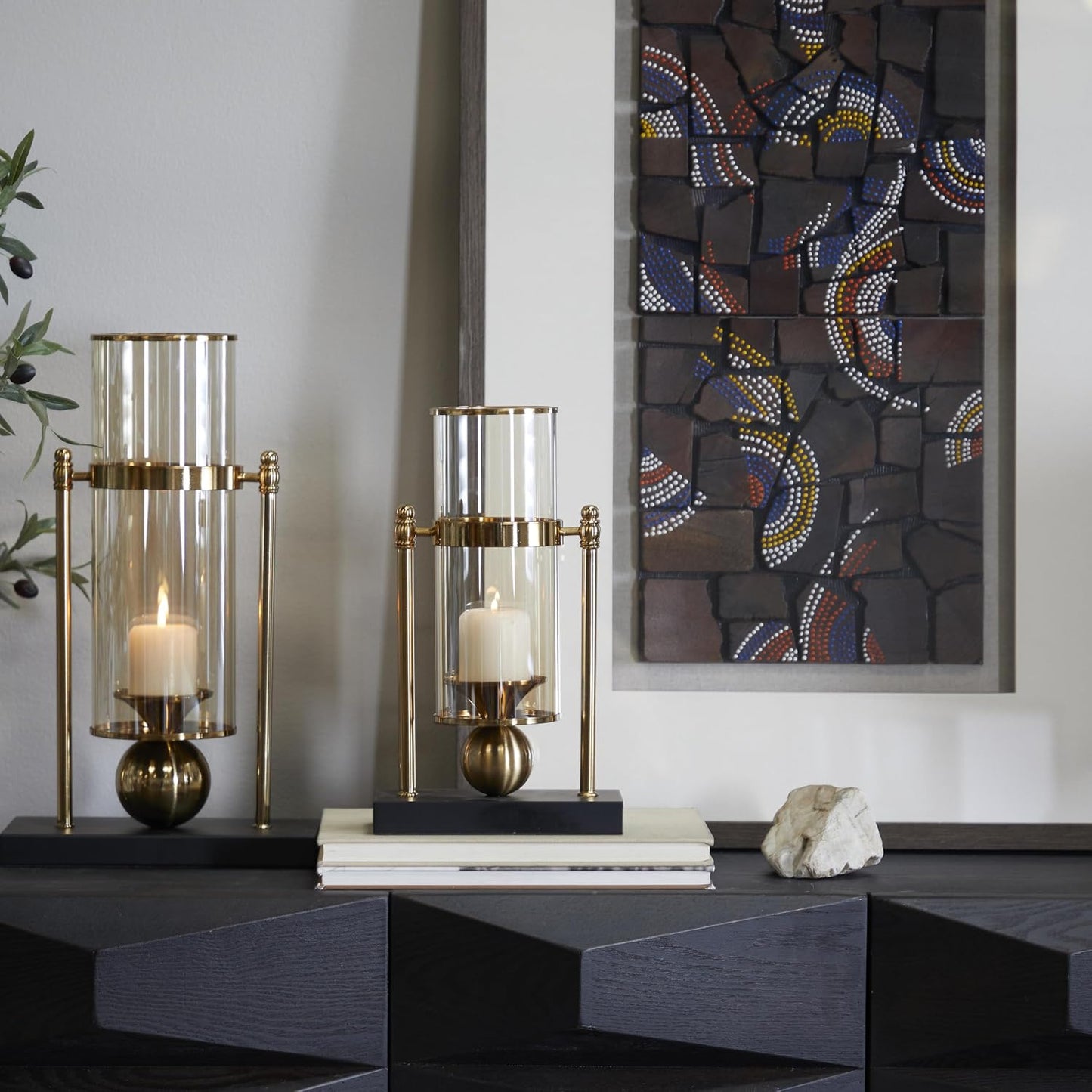 CosmoLiving by Cosmopolitan Metal Pillar Candle Holder with Metal Stand, 8" x 4" x 13", Gold