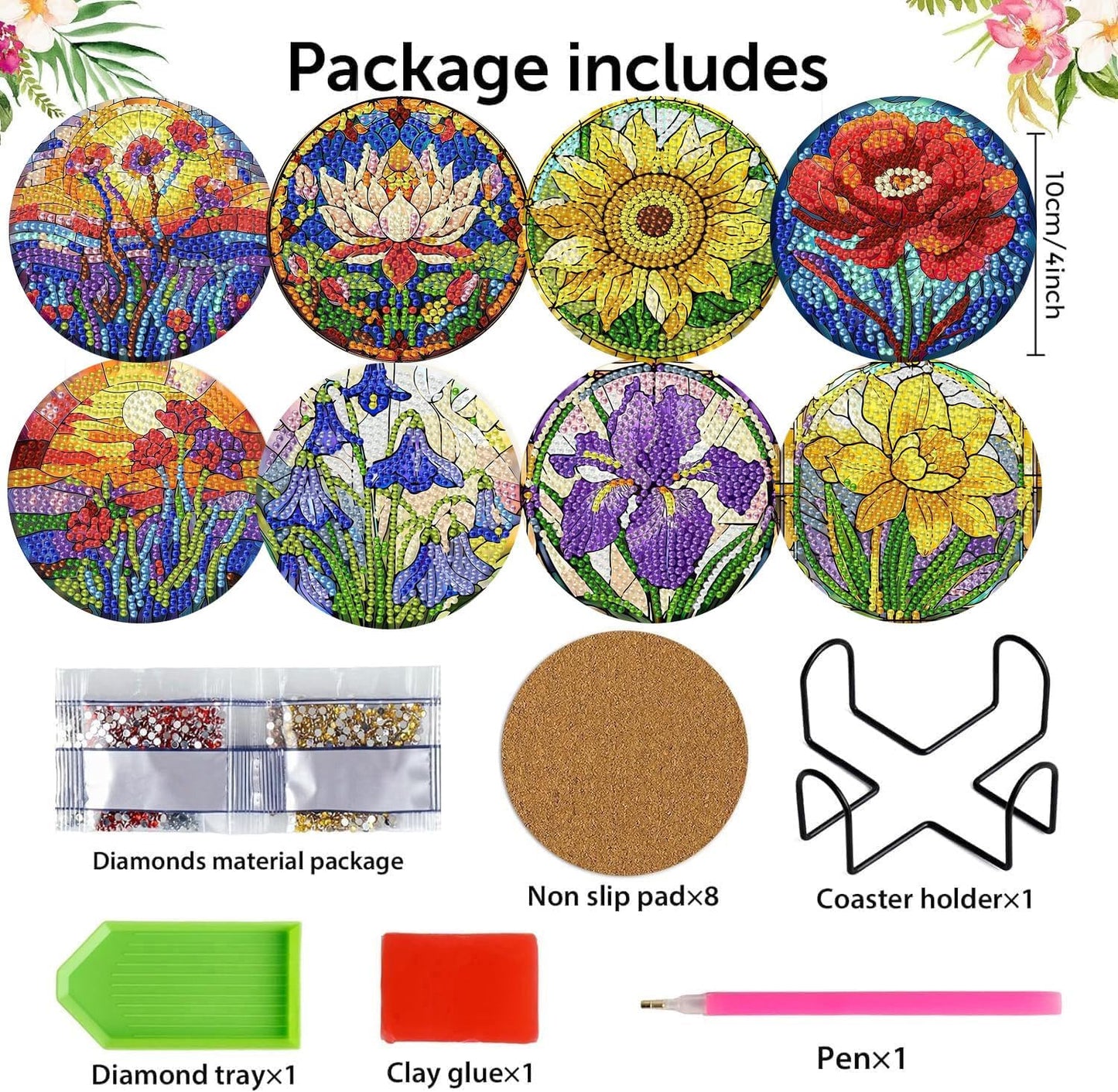 Diamond Art Coasters Flowers Diamond Painting Coasters Kits Flower / Flowers Coasters / Set of 8