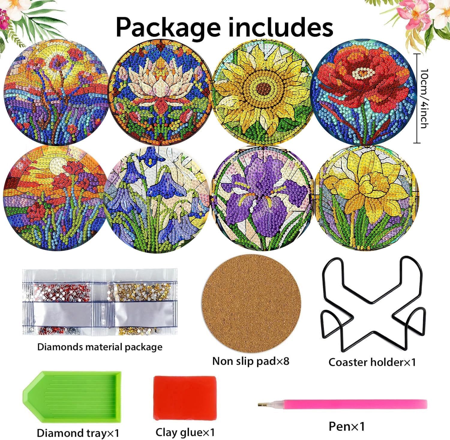 Diamond Art Coasters Flowers Diamond Painting Coasters Kits Flower / Flowers Coasters / Set of 8