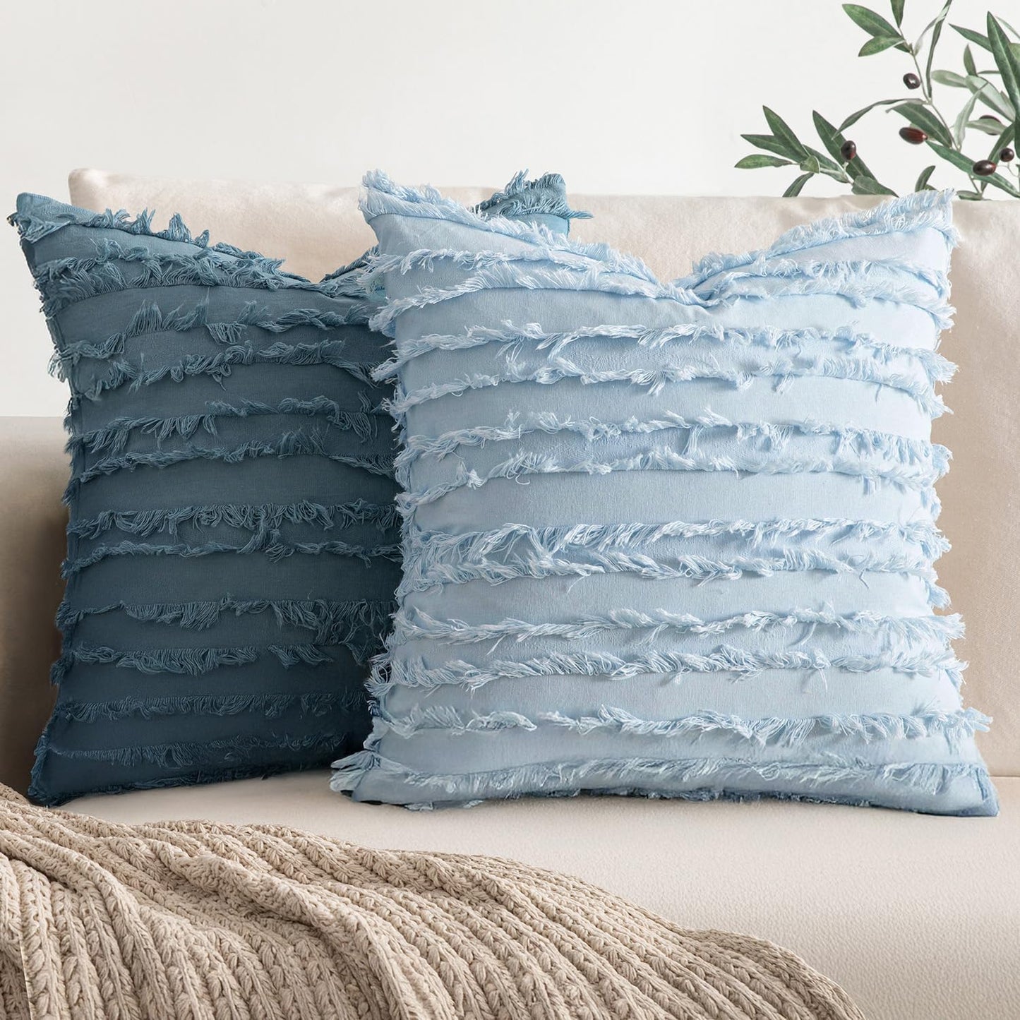 Decorative Boho Throw Pillow Covers Linen Striped Jacquard Pattern / 18 x 18 / Light Blue / Set of 2