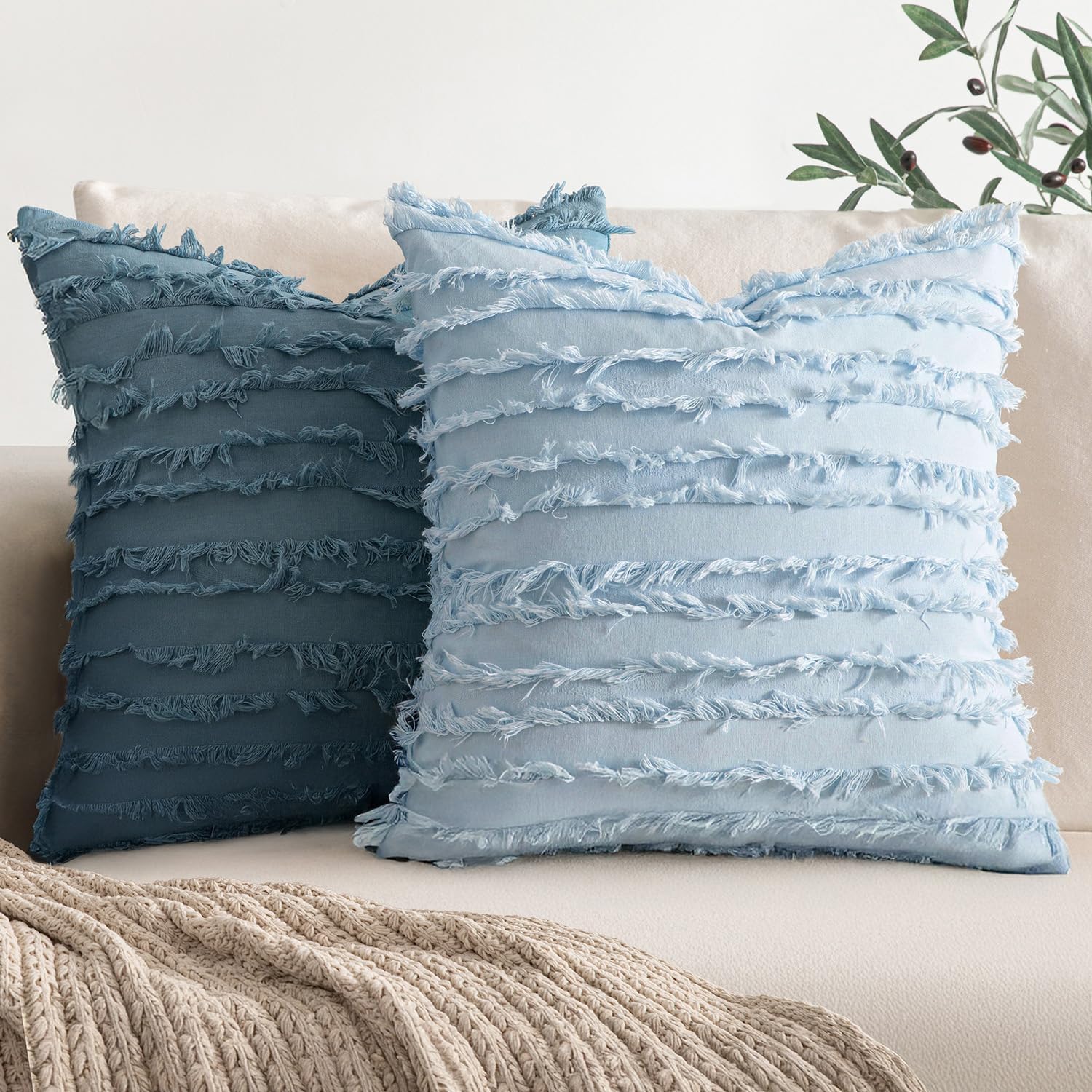 Decorative Boho Throw Pillow Covers Linen Striped Jacquard Pattern / 18 x 18 / Light Blue / Set of 2
