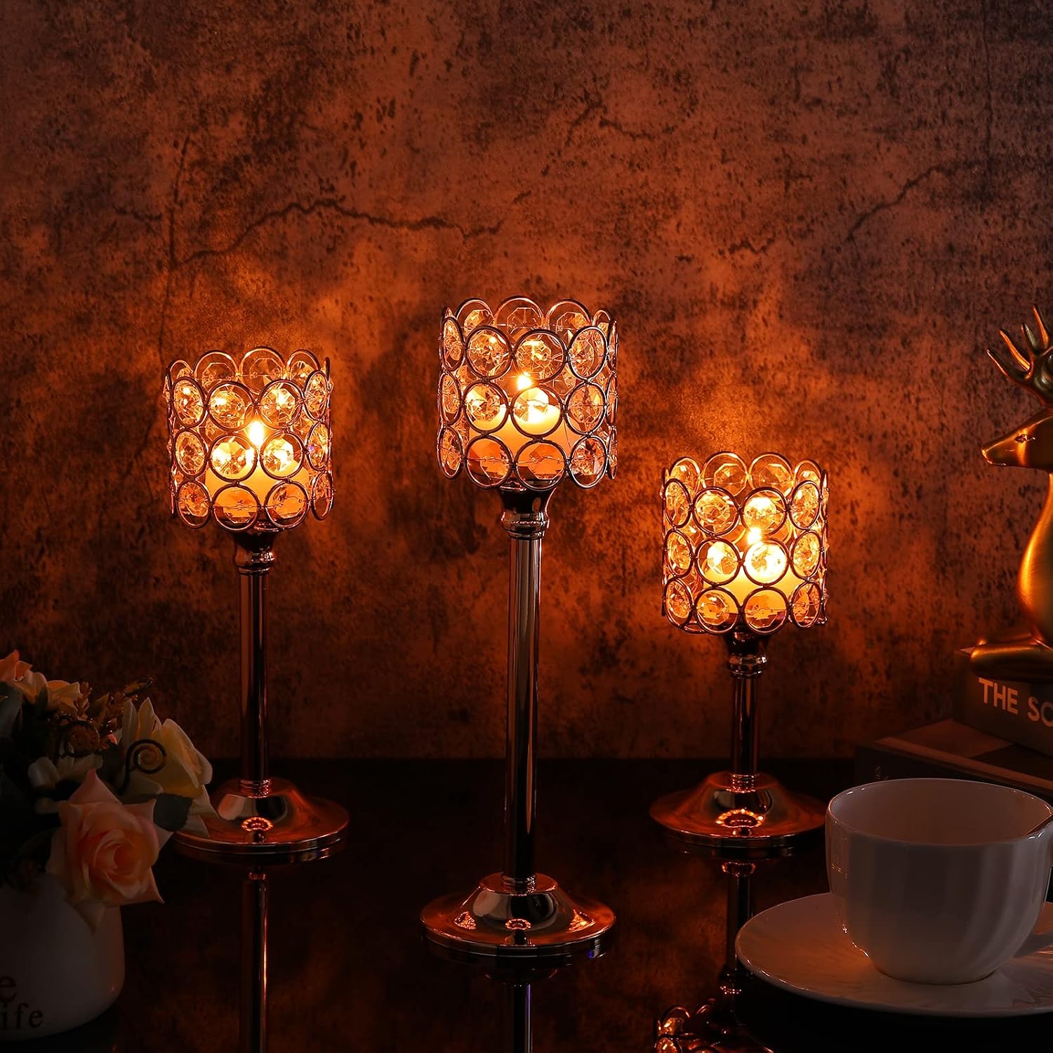 Mumufy 12 Pieces Crystal Candle Holders Set 3 Sizes Tall Crystal Wedding Candlestick Holders Pillar Candelabra Stand