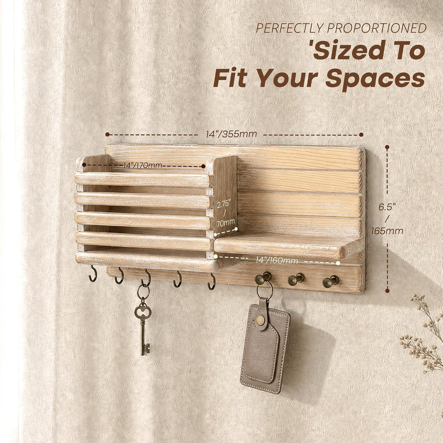 Pine Wood Key Holder Wall Mount / Natural Wood