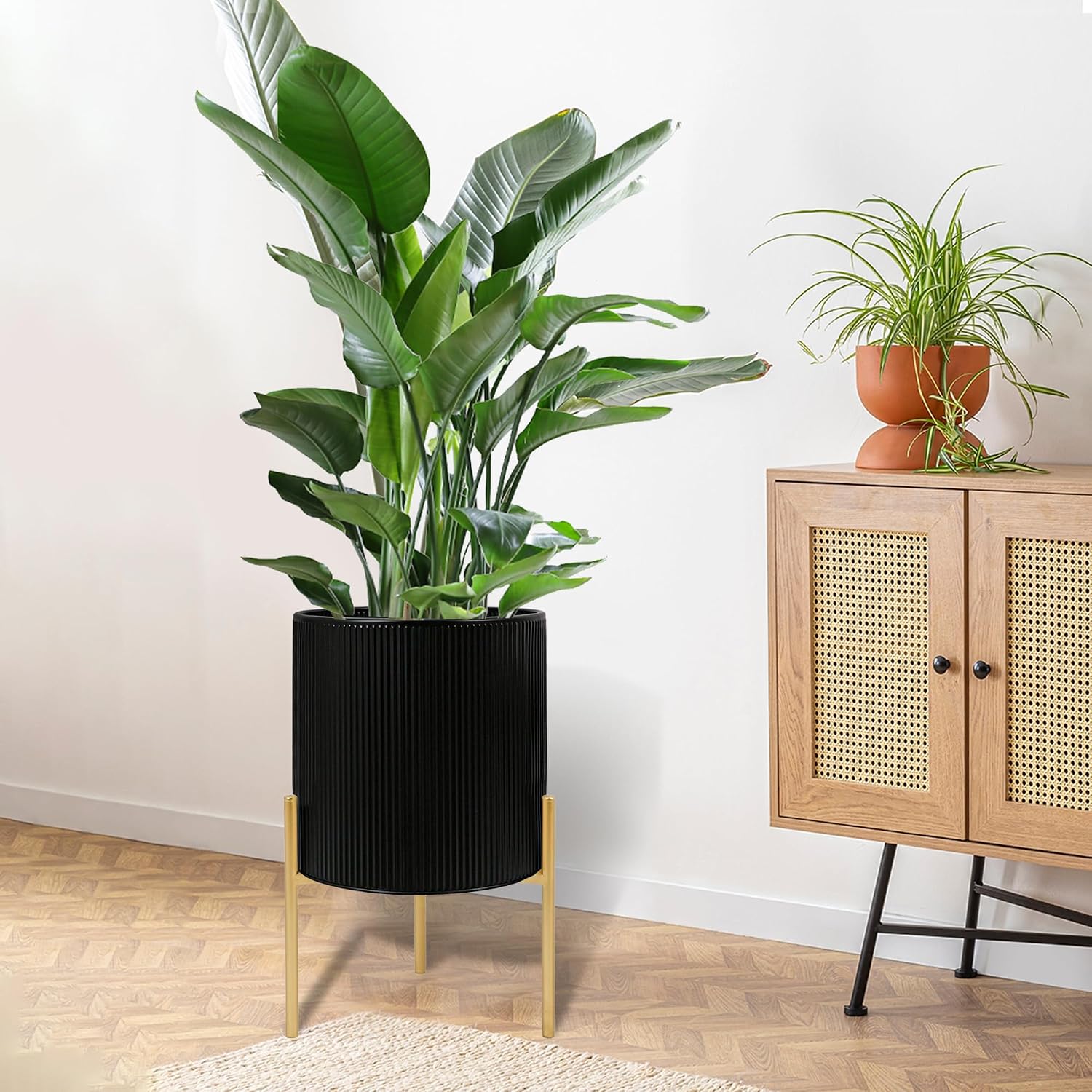 ARNIS Modern Plant Pots, Set of 2 Round Large Planters with Stand, Large Size Metal Pots with Drainage Holes for Living