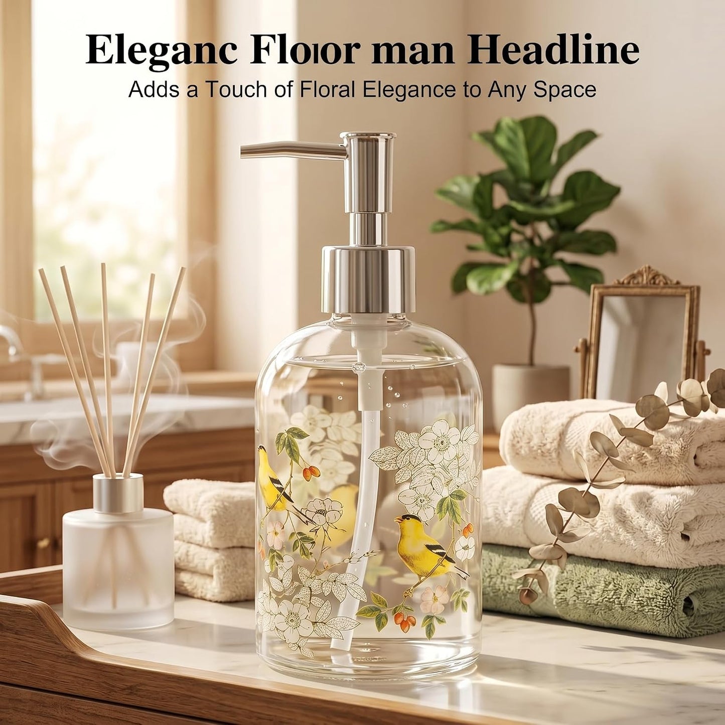 Topadorn Glass Soap Dispenser Set, Hand & Dish Soap Bottles with Pump | 2 Pack Botanical Glass Bottles • Vintage Floral