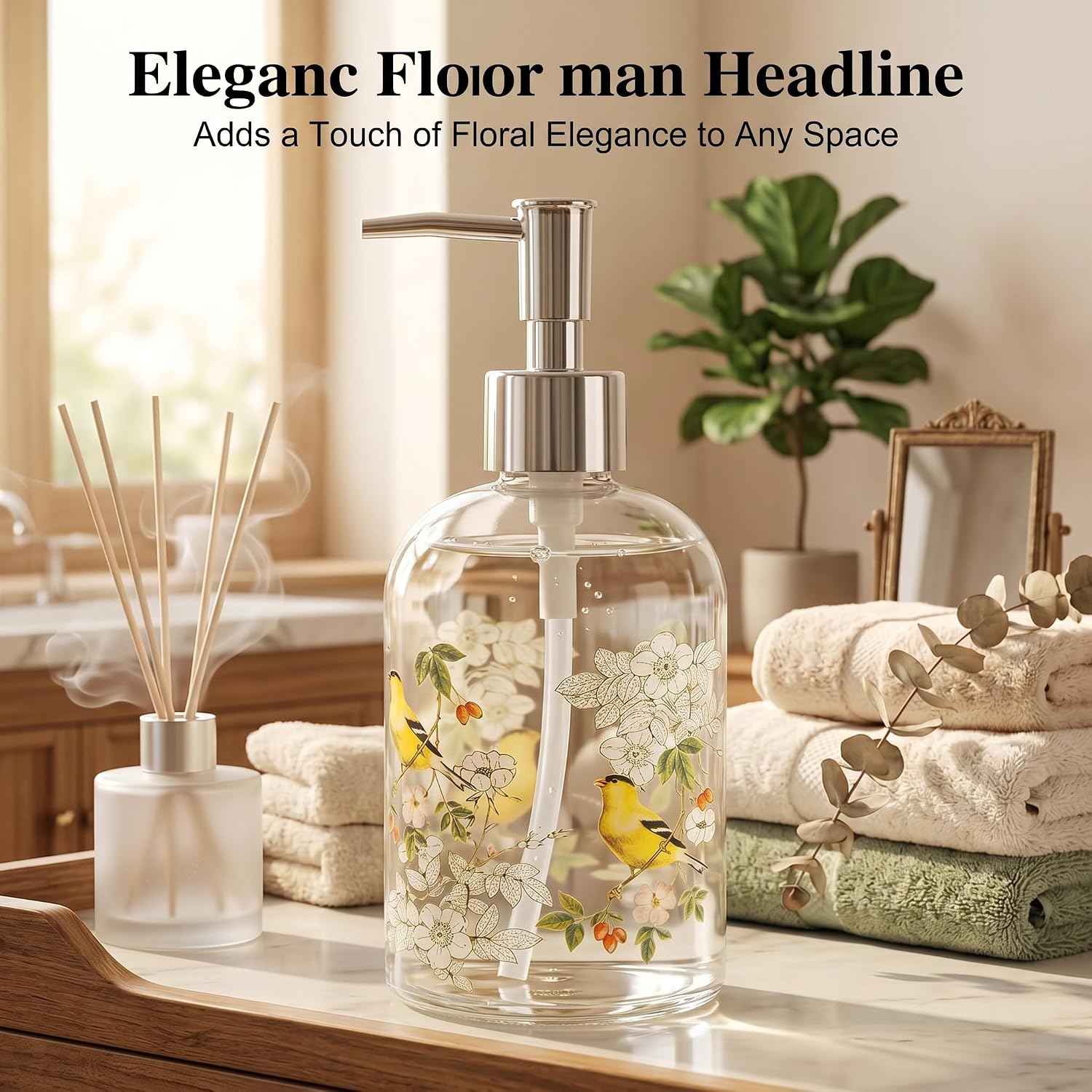 Topadorn Glass Soap Dispenser Set, Hand & Dish Soap Bottles with Pump | 2 Pack Botanical Glass Bottles • Vintage Floral