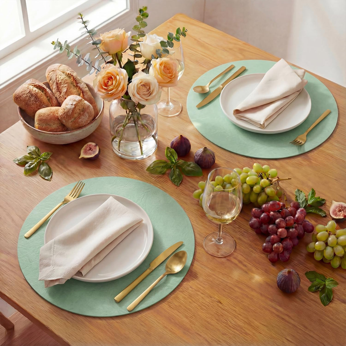Artoid Mode Sage Faux Leather Placemats Set of 6, 15 Inch Waterproof Wipeable Heat Resistant Vinyl Place Mats