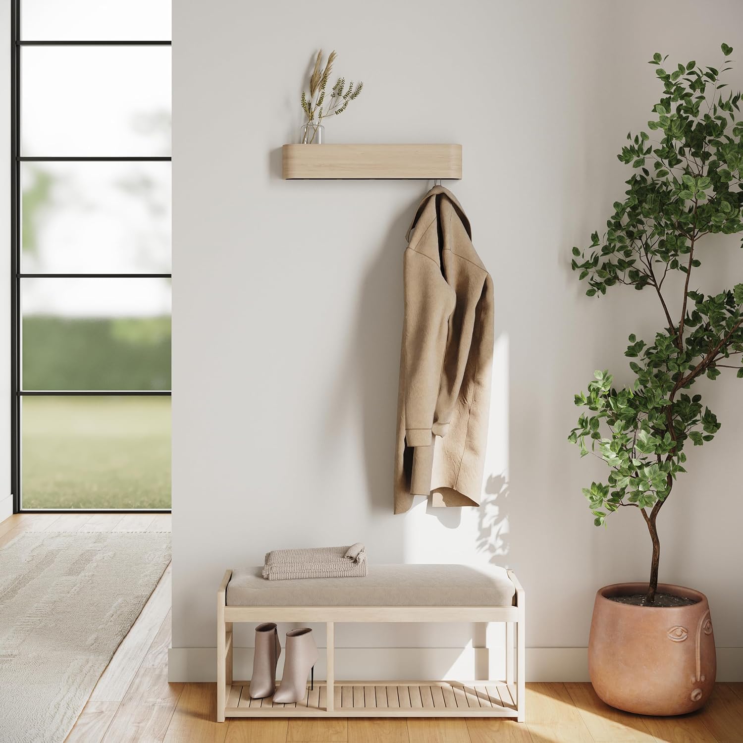 Kazai. Wall-Mounted Coat Rack 'Toke' - Modern Design Coat Rack with Hidden Wall Hooks - Solid Wood Veneer Panel Coat